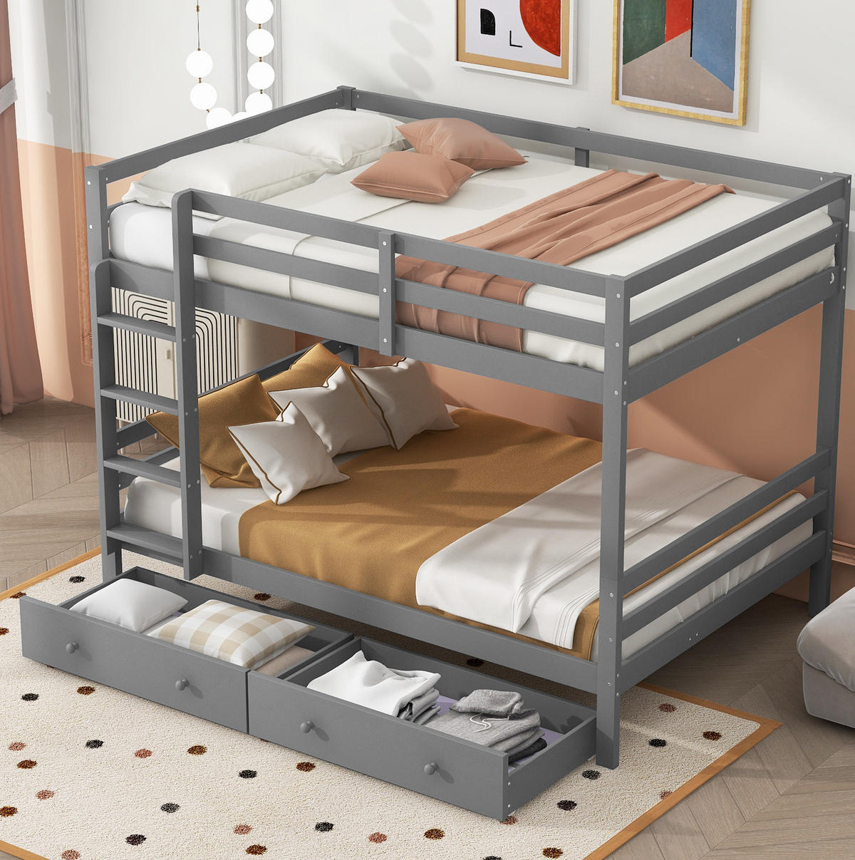 ETAGENBETT 140/200 cm mit Stauraum, Schublade, hoher Absturzsicherung und Treppe aus Kiefer , Grau - Grau, Holzwerkstoff (140/200cm) - Redom