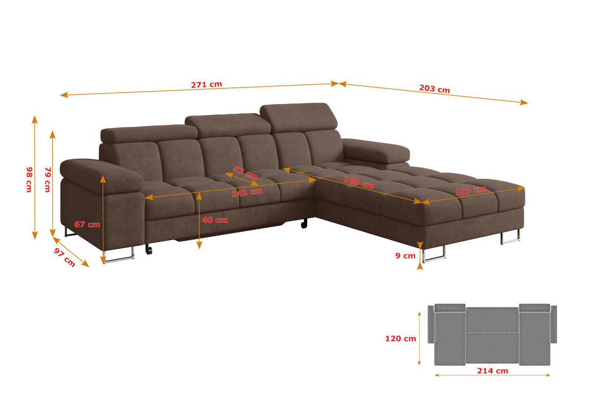 ECKSOFA mit Schlaffunktion Ottomane Rechts COMA L 271x203x79 Braun Velours - Braun, Holzwerkstoff/Textil (203/271cm) - ALTDECOR