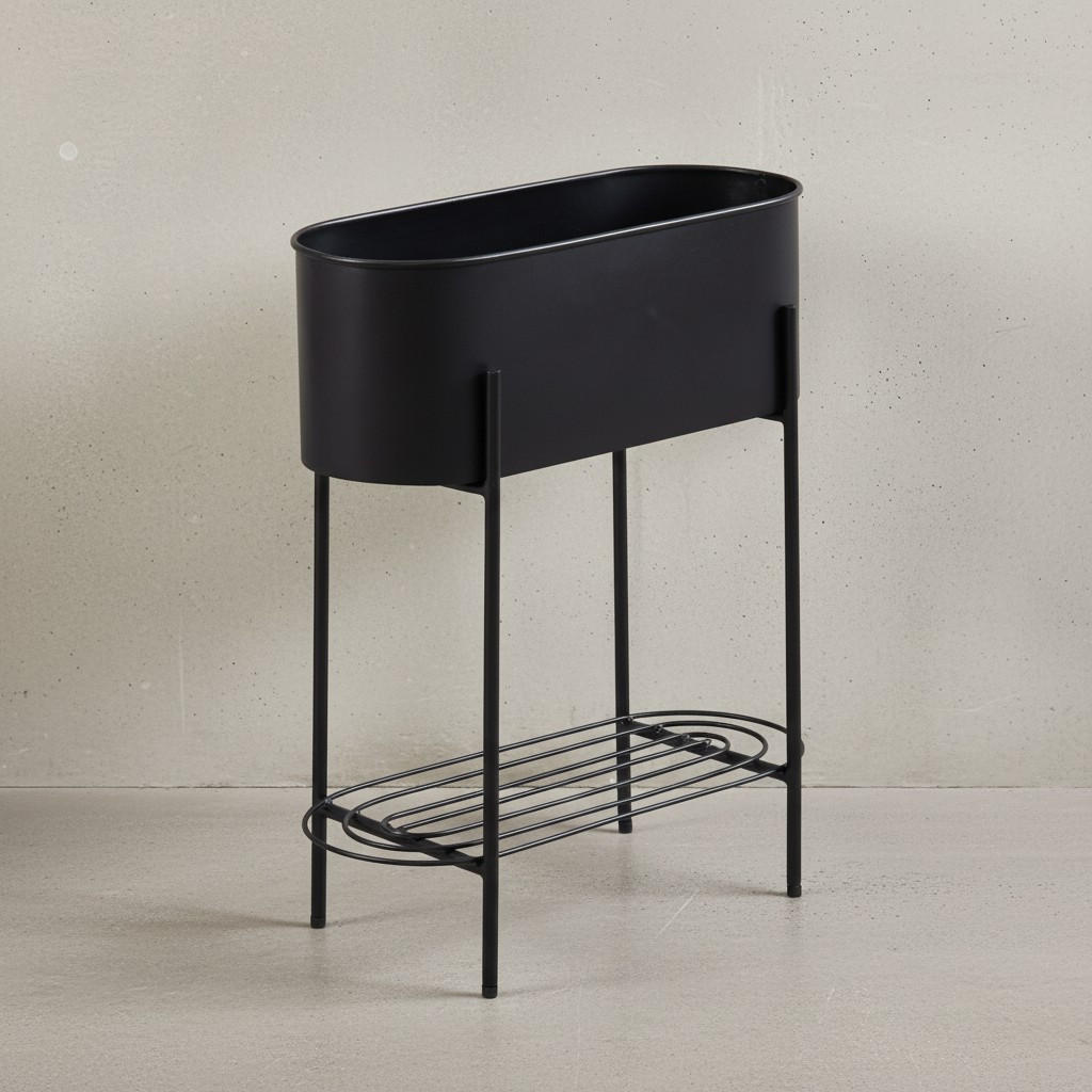 PFLANZKÜBEL Metall Schwarz 51x65x22 cm mit Gestell und Ablage rechteckig - Schwarz, Metall (65cm) - KADIMA DESIGN
