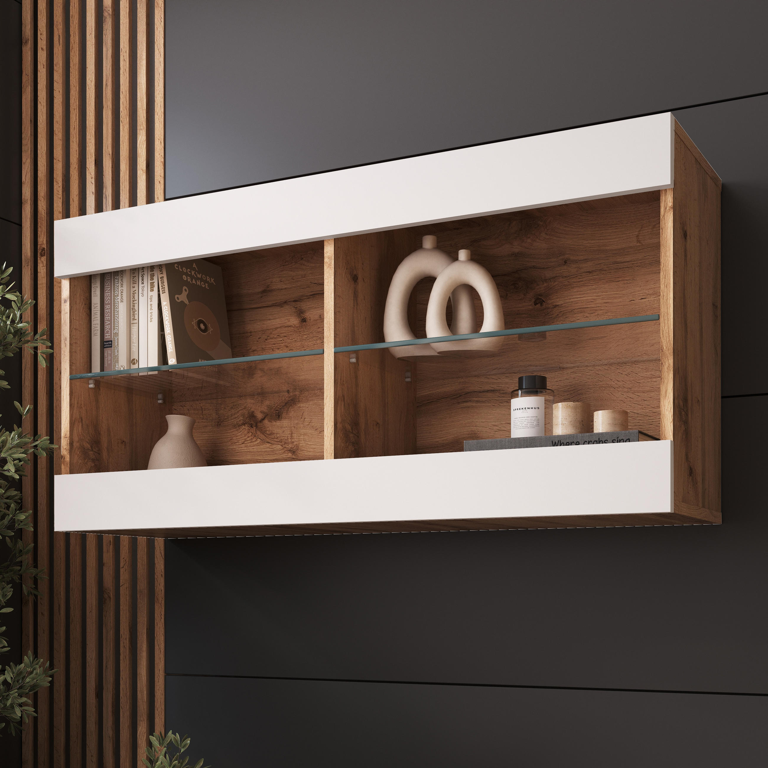 HÄNGEVITRINE TIVOLI HORIZONTAL 100, Weiss - Eiche Wotan/Weiß, Glas/Holzwerkstoff (100/50/29.5cm) - Komodee