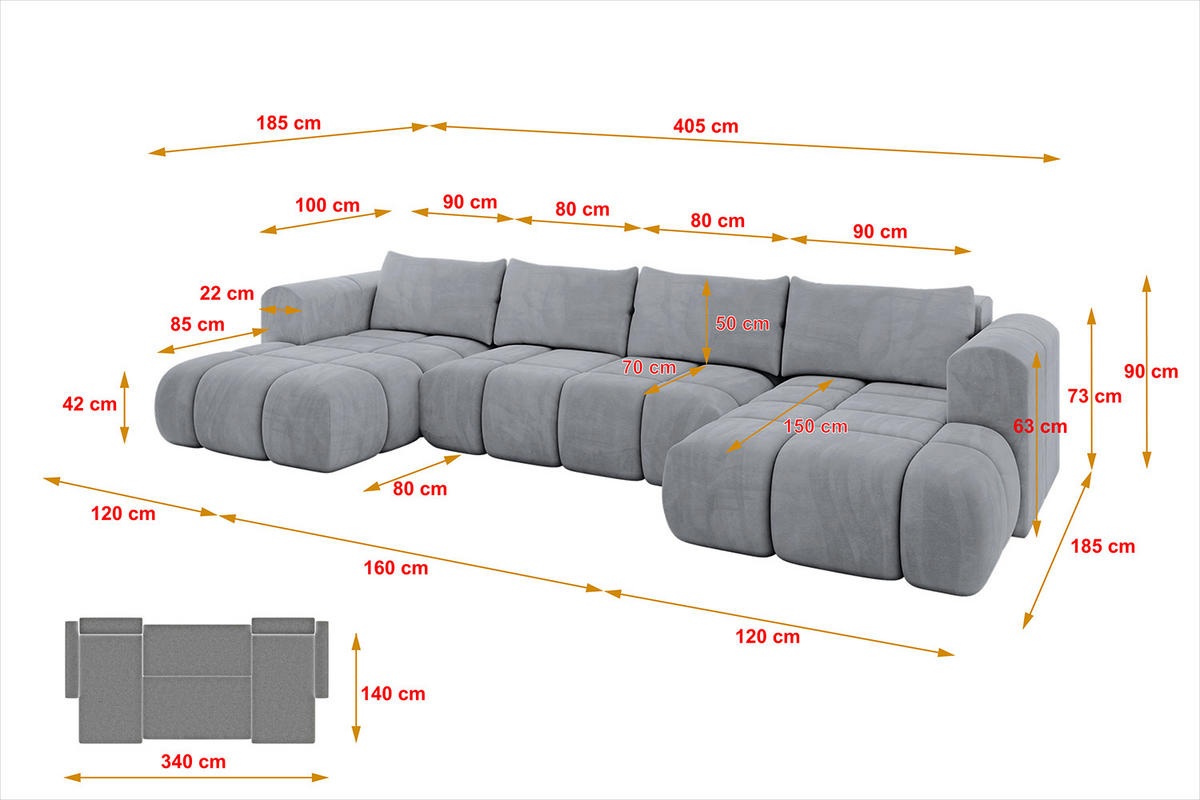 WOHNLANDSCHAFT CLOUD-U 405x185x90 Hellgrau Velours - Hellgrau, Holzwerkstoff/Kunststoff (405/90/185cm) - ALTDECOR