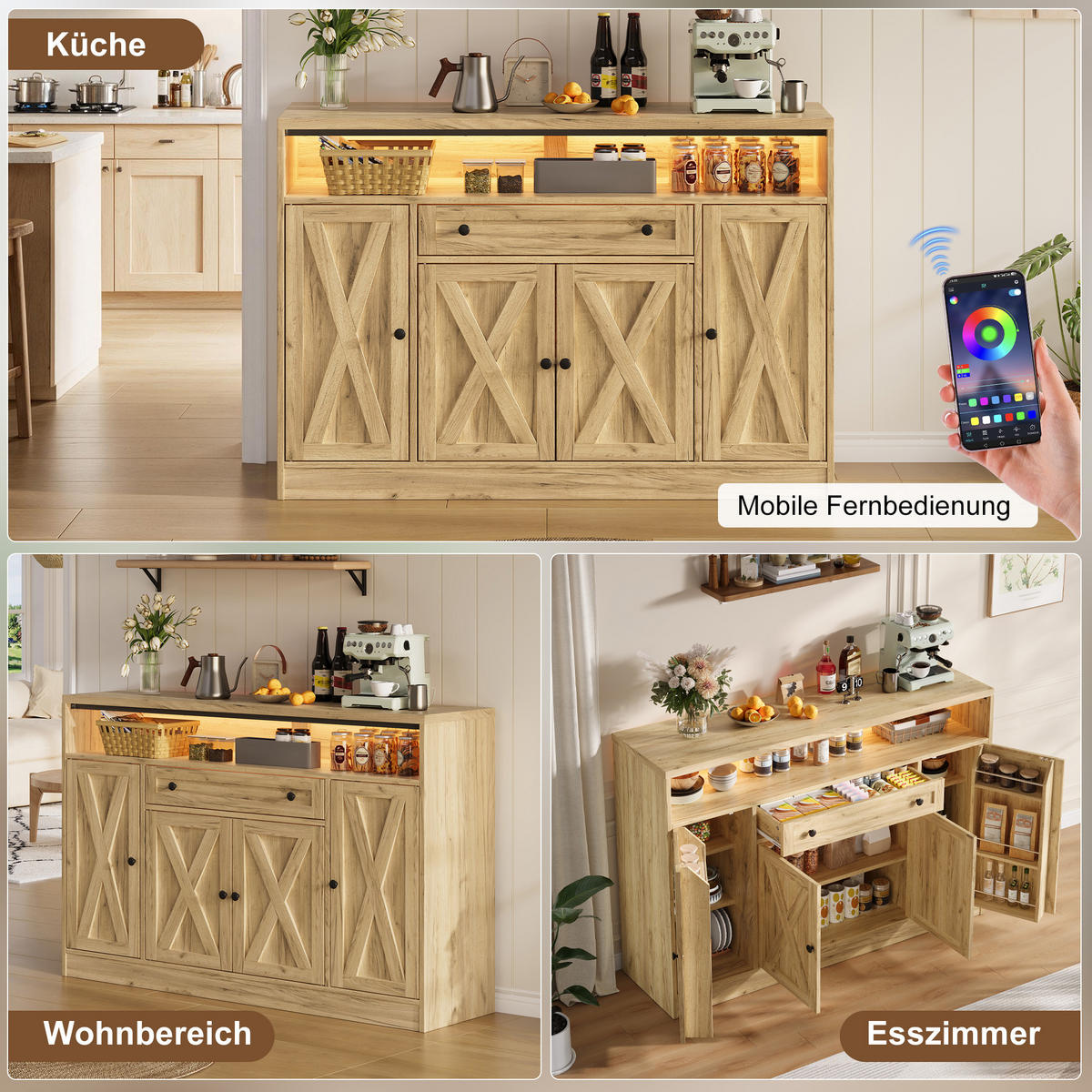 KÜCHENSCHRANK Sideboard Natur mit RGB-LED 4 Scheunentüren & Türablagen - Naturfarben, Holzwerkstoff (140/95/35cm) - Urban Meuble