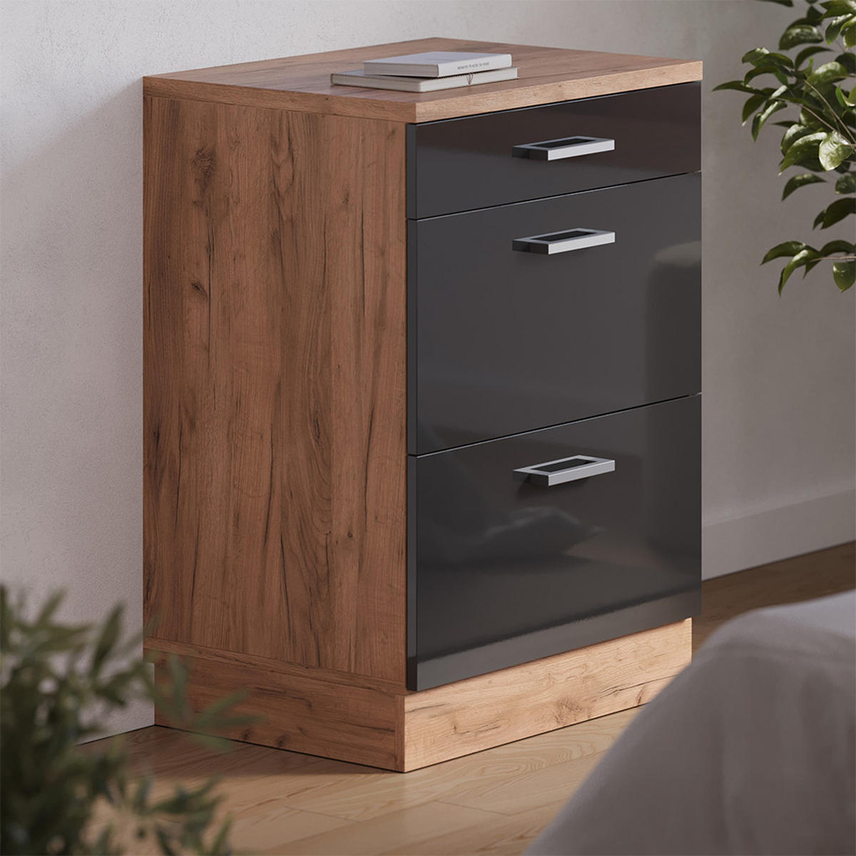 KUHINJSKA OMARA ZA POŠEVNE STREHE R-Line, Antracit z visokim sijajem, 60 cm brez naklona z 3 predaloma - črna/medeni hrast, leseni material (60/83.8/46cm) - Vicco