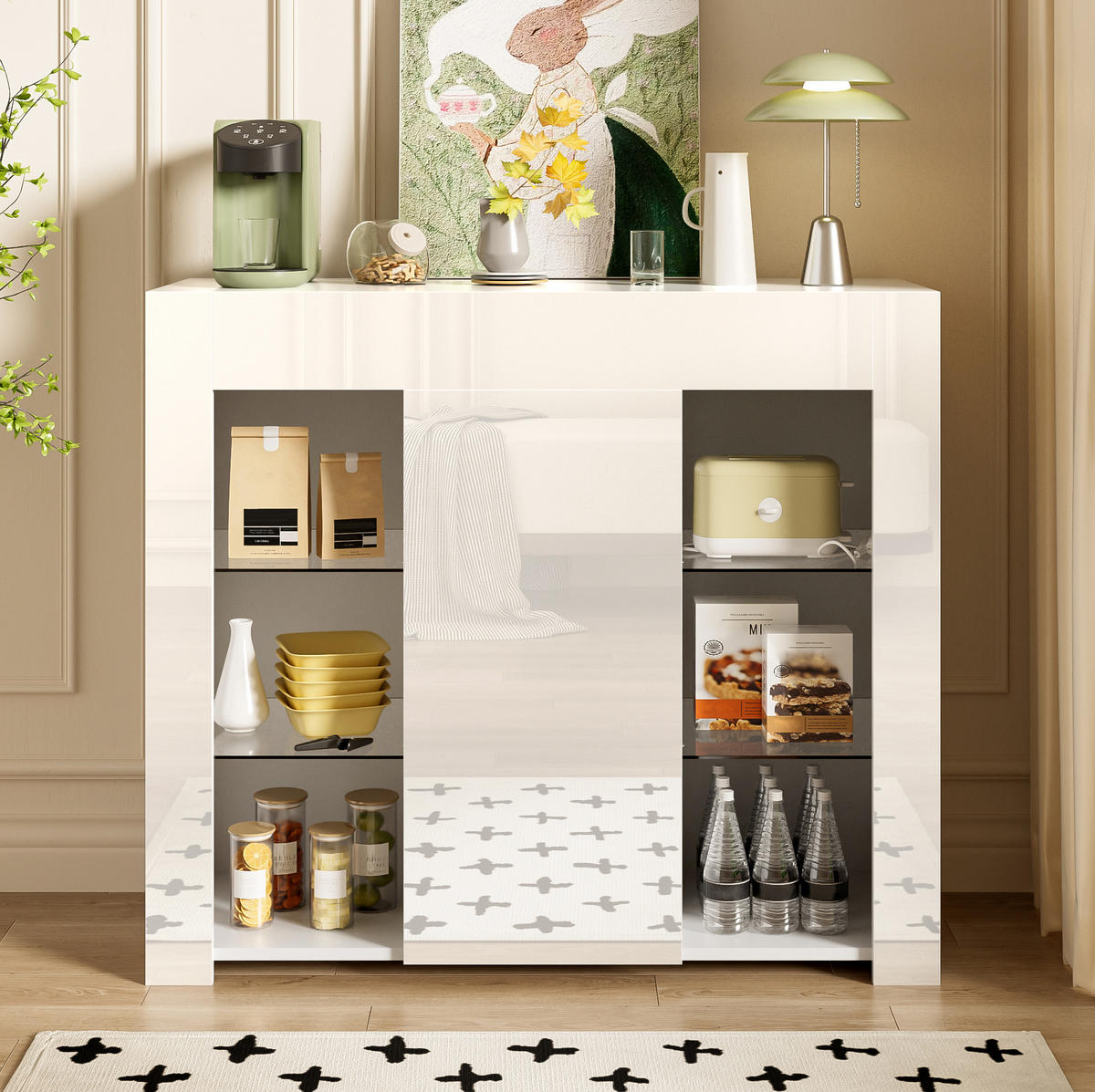 SIDEBOARD in Weiß mit Hochglanz-Front und Glasregalen, kompaktes Buffet mit Tür, 95/35/83 cm, Weiß - Weiß, Holzwerkstoff (95/83/35cm) - Redom