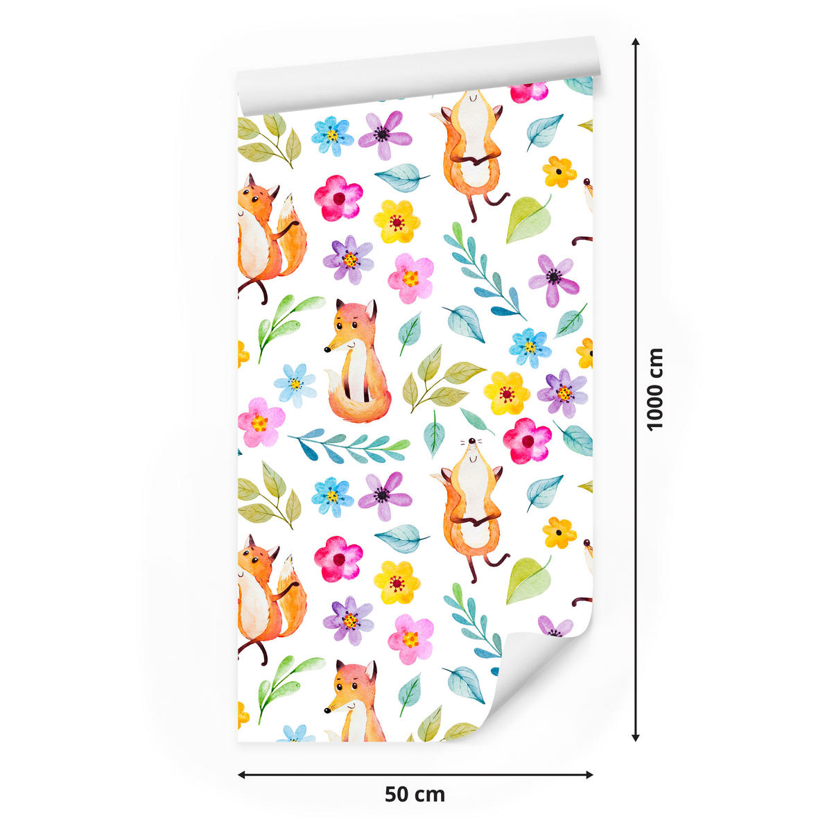 VLIESTAPETE Füchse und Wiesenblumen – Orange, Bunt, Weiß – 50x1000 cm - Multicolor/Orange, Papier (50/1000cm) - Muralo