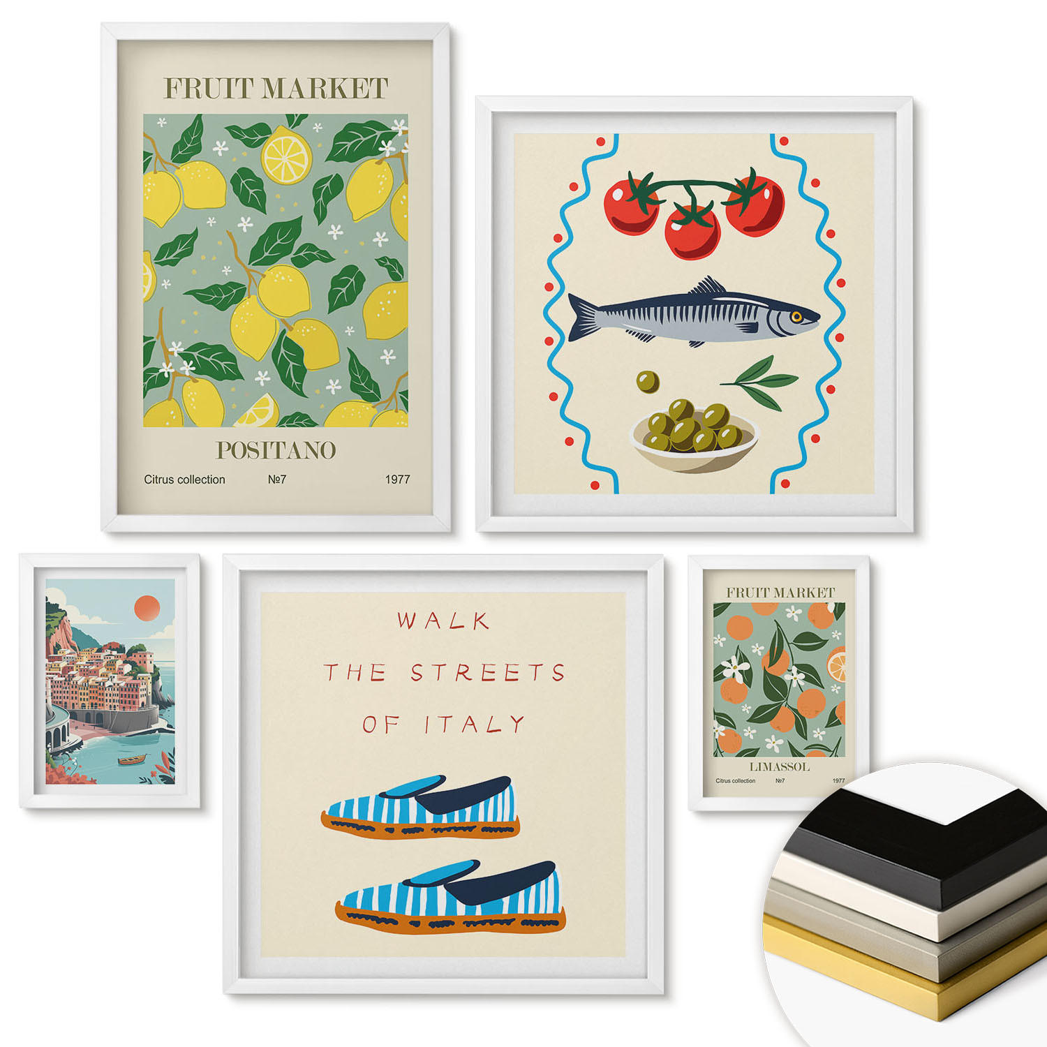 WANDBILDER 5er-Set - 50x50 cm & 20x30 cm & 40x60 cm Weißer Rahmen - Italienische Poster mit Fruchtmotiven - Weiß, Kunststoff (40/60cm) - ArtPrintCave