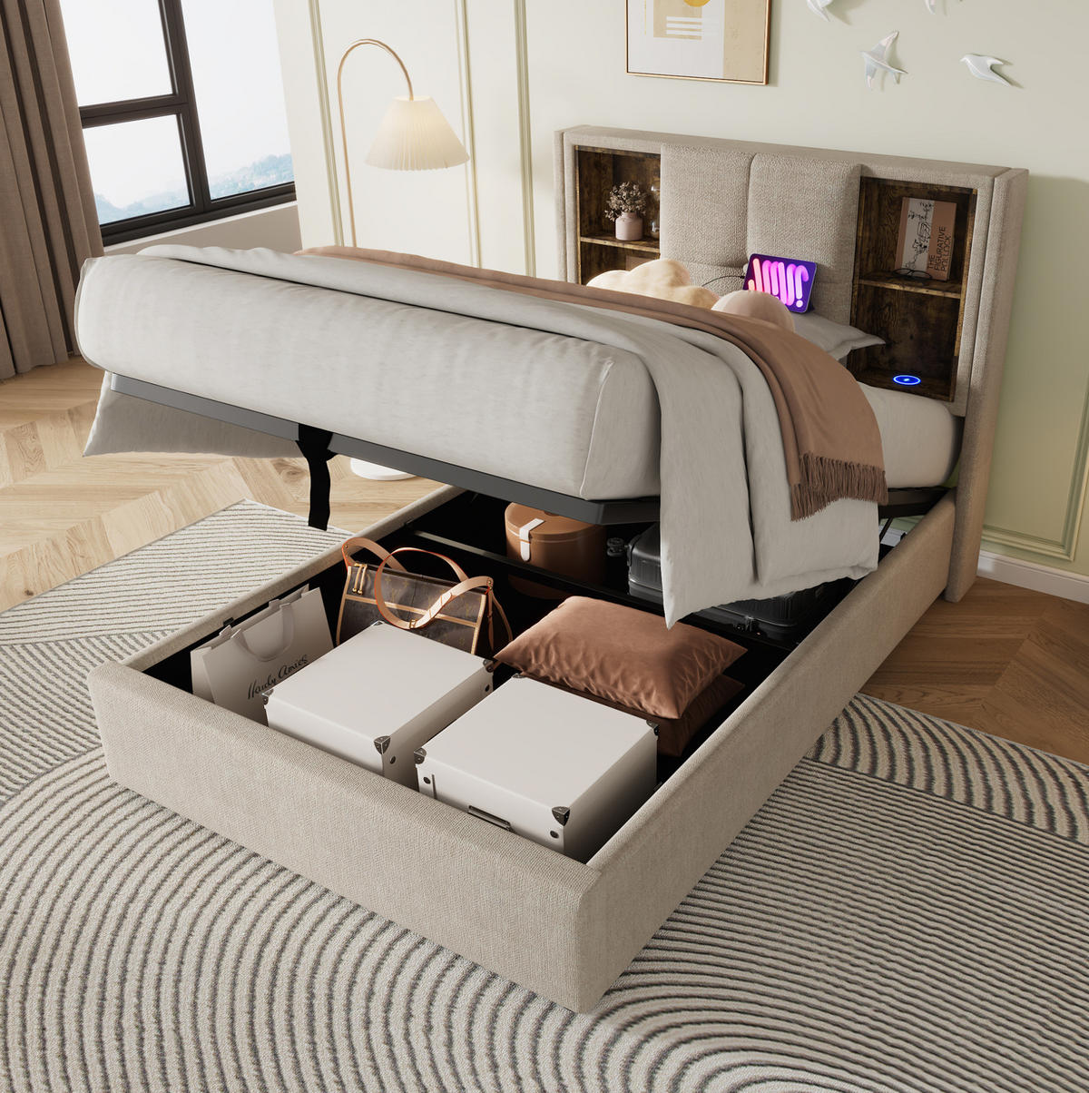 BETT mit Stauraum und Ladestation 90x200 cm Leinen Natural - Beige, Metall (90/200cm) - Meubliv