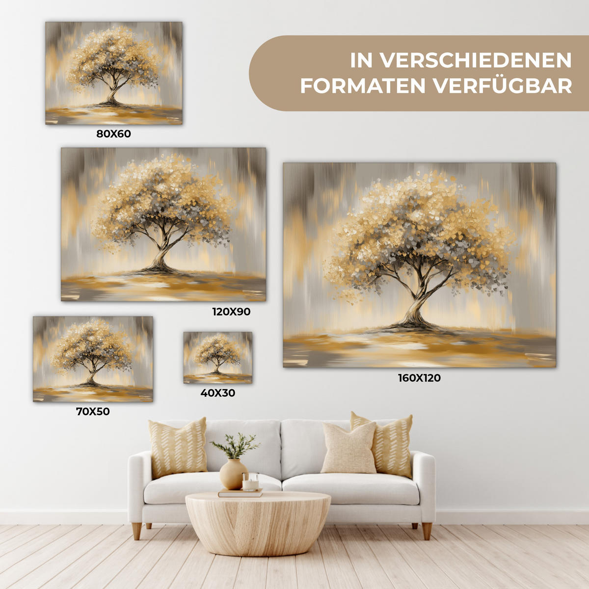 LEINWANDBILD Gemälde - Baum - Abstrakt - Blätter Wandbilder 80x60 cm - Beige, Textil (80/60cm) - MuchoWow