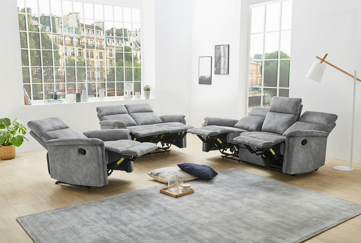 3-SITZER-RELAXSOFA Federkern, Liegefunktion verstellbar durch halbautomatische Relaxfunktion B180/T90/H100 cm, Velours Vintage Grau / 15128 - Hellgrau/Schwarz, Textil (180/100/90cm) - luma-home