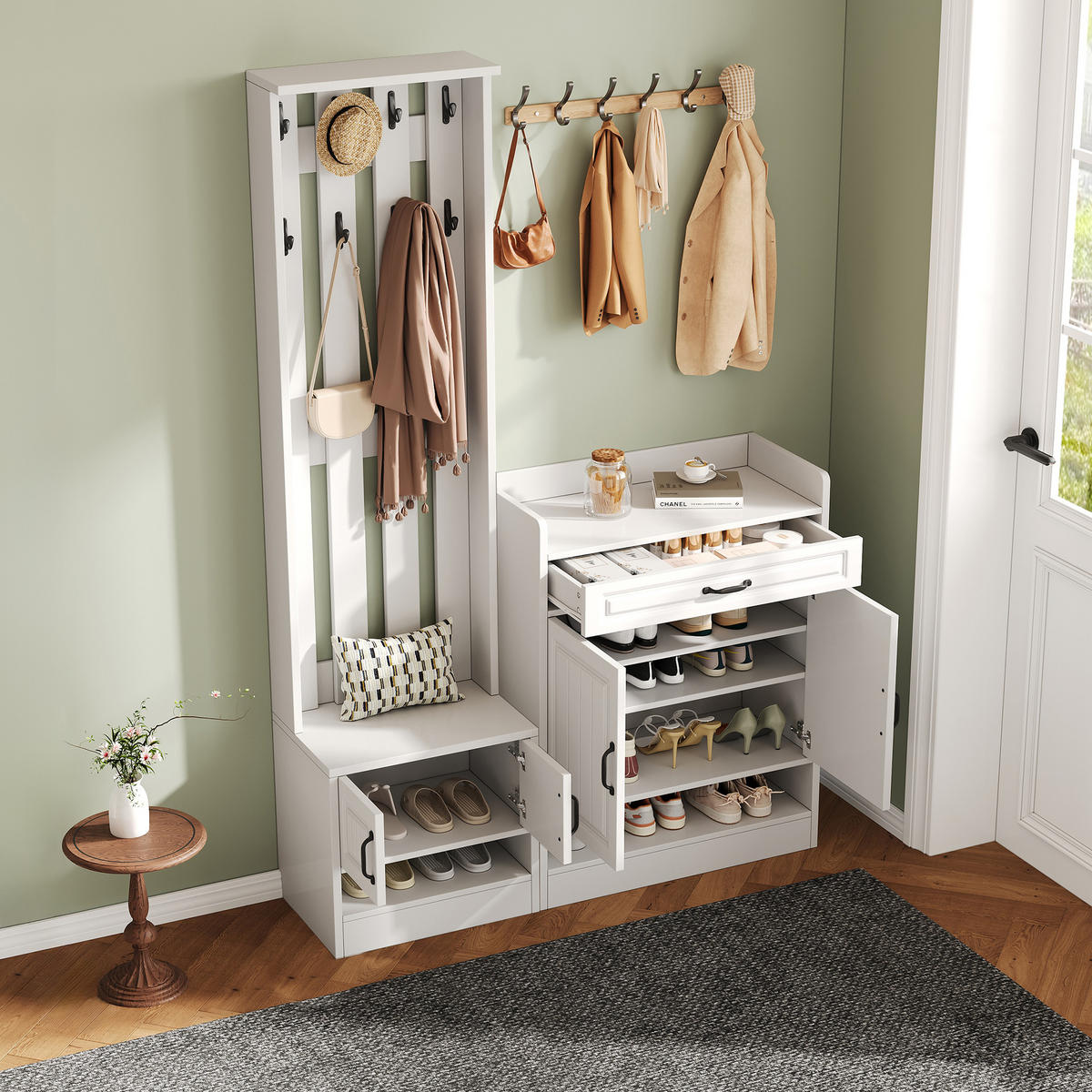 GARDEROBENSET Wand mit Schuhbank Weiß 125x36x190cm - Weiß, Holzwerkstoff (36/190/125cm) - FLIEKS