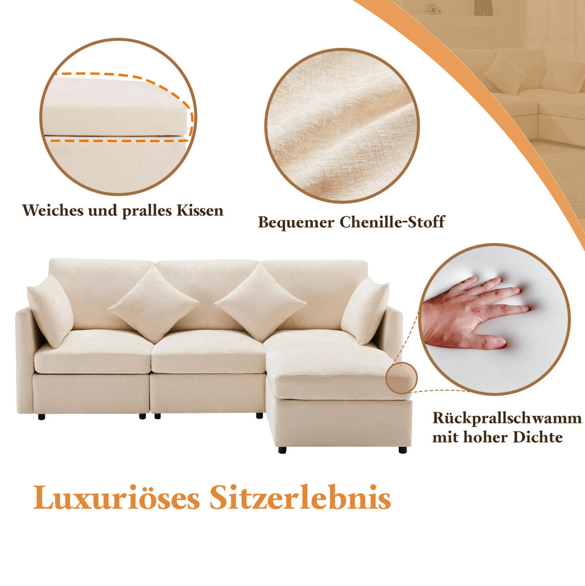 ECKSOFA 216/161/81 cm Beige aus Chenille mit Hocker und 4 Kissen - Beige, Textil (161/216cm) - OKMYHOME