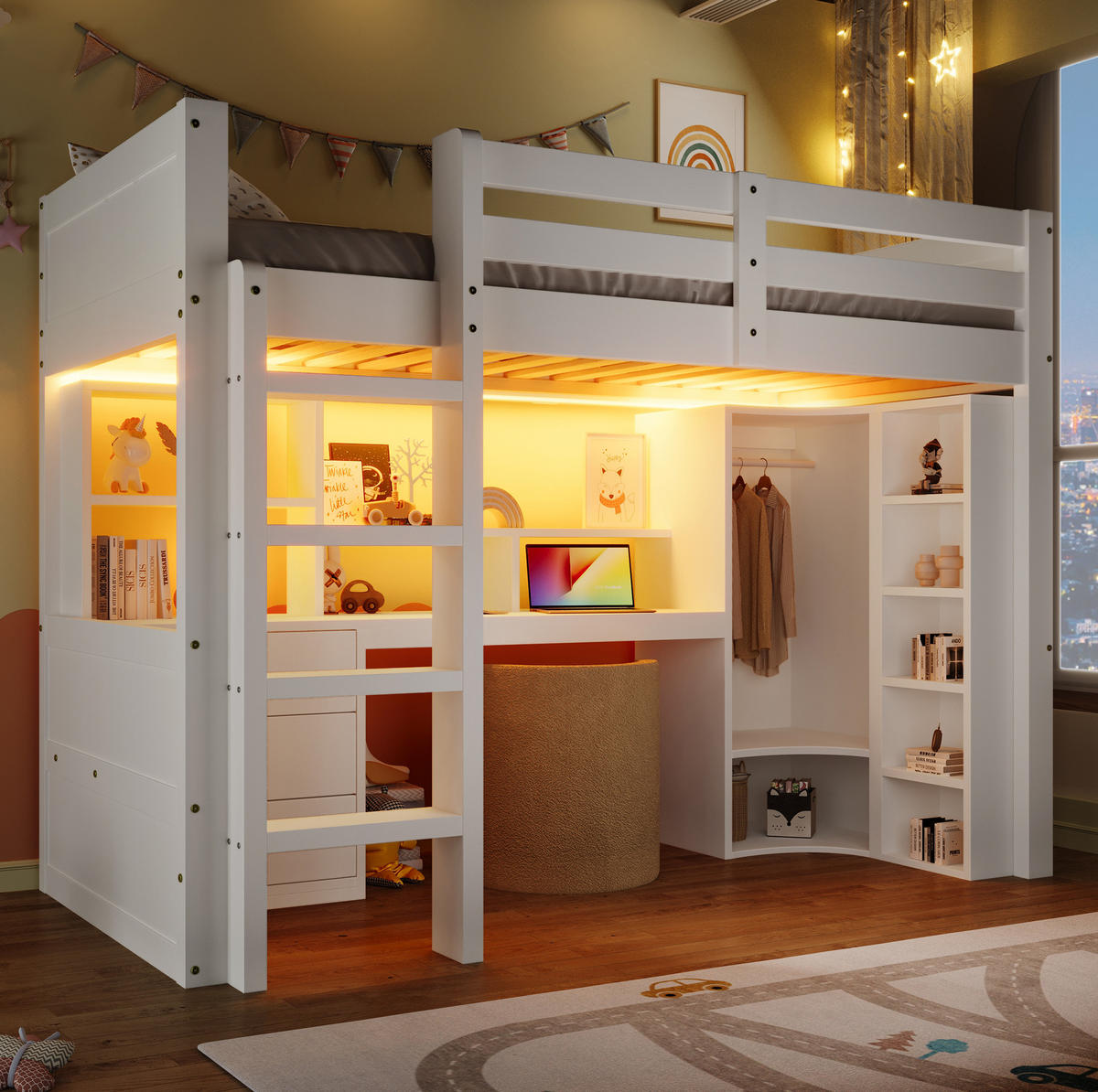HOCHBETT 90/200 cm in Weiß – mit Schreibtisch, Kleiderschrank und LED - Weiß, Holzwerkstoff (90/200cm) - BEAOK