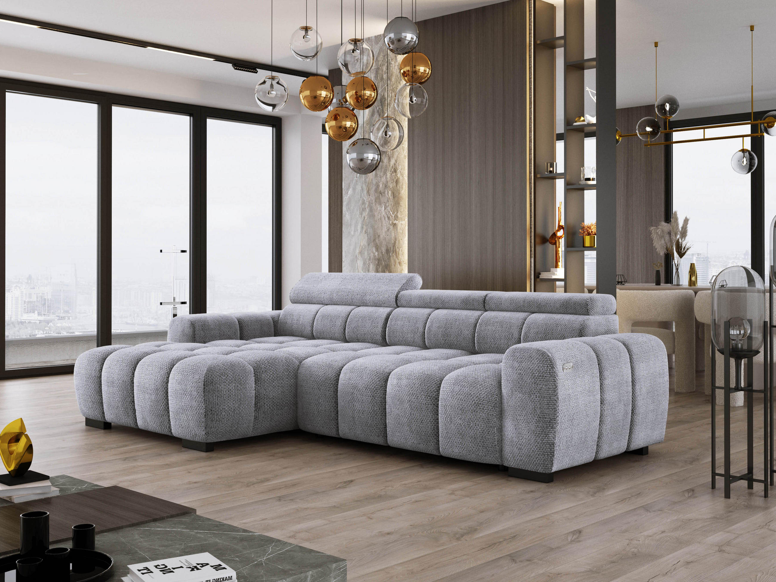 ECKSOFA OMBO 285x168x77/97 cm, Links, Schlaffunktion, elektr. Sitz, Kopfstützen, hydrophober EDEN-Stoff – Silber - Silberfarben, Holz/Textil (168/285cm) - DomoHome