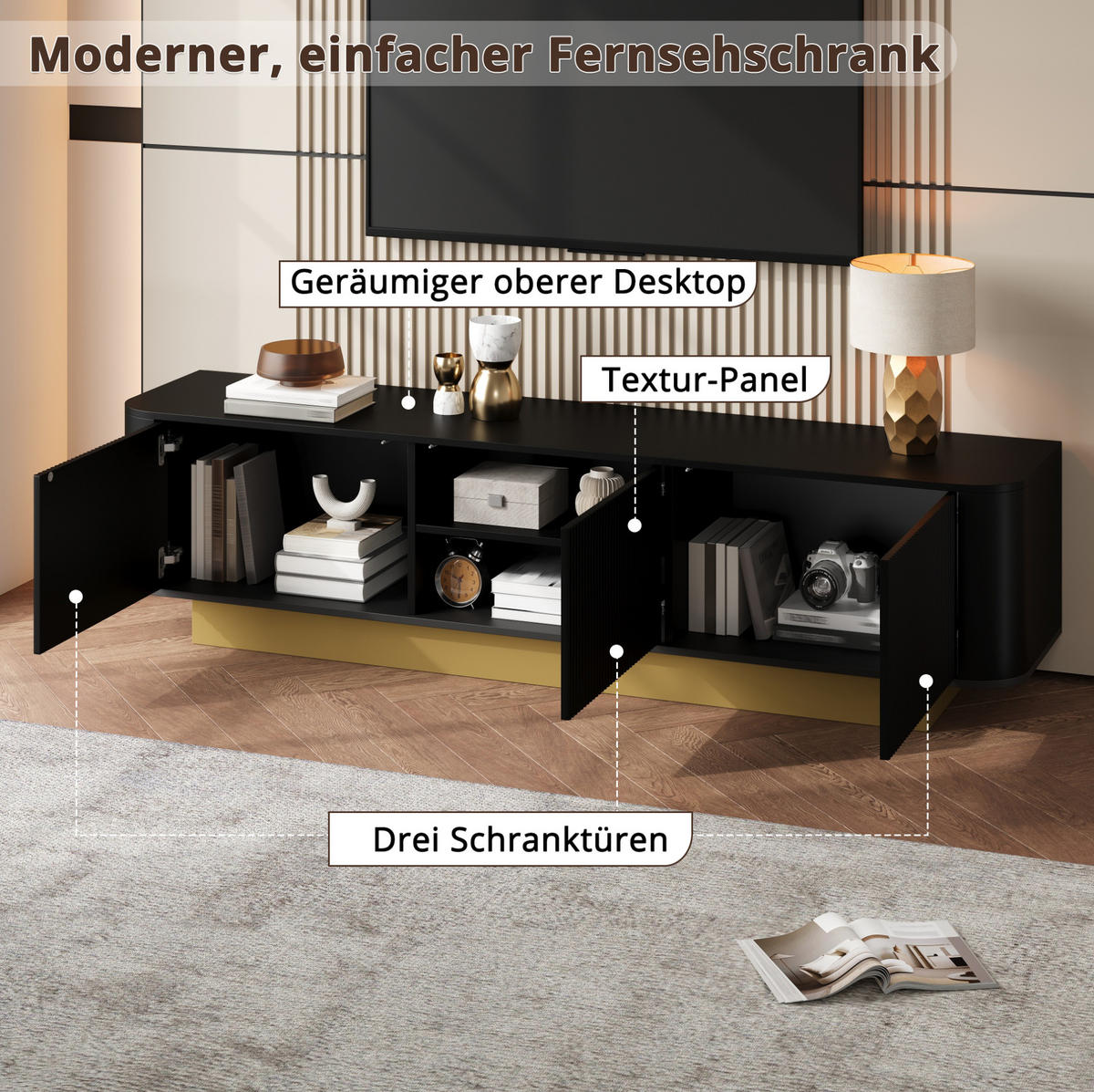 LOWBOARD 170/40,5/47 cm aus MDF und Holzwerkstoff mit Kabelmanagement Schwarz - Schwarz, Holzwerkstoff (170/47/40.5cm) - Modenvie