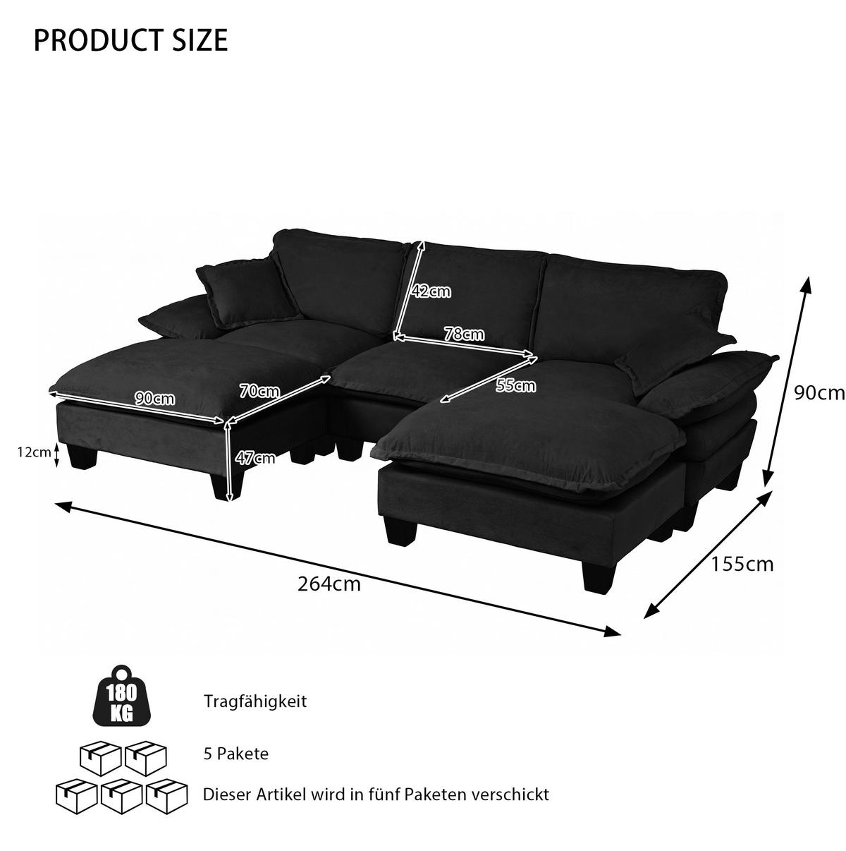 WOHNLANDSCHAFT aus Chenille 224x155x90 cm in Schwarz mit 2 Ottomanen & 2 Kissen - Schwarz, Textil (155/90/224cm) - Modfu
