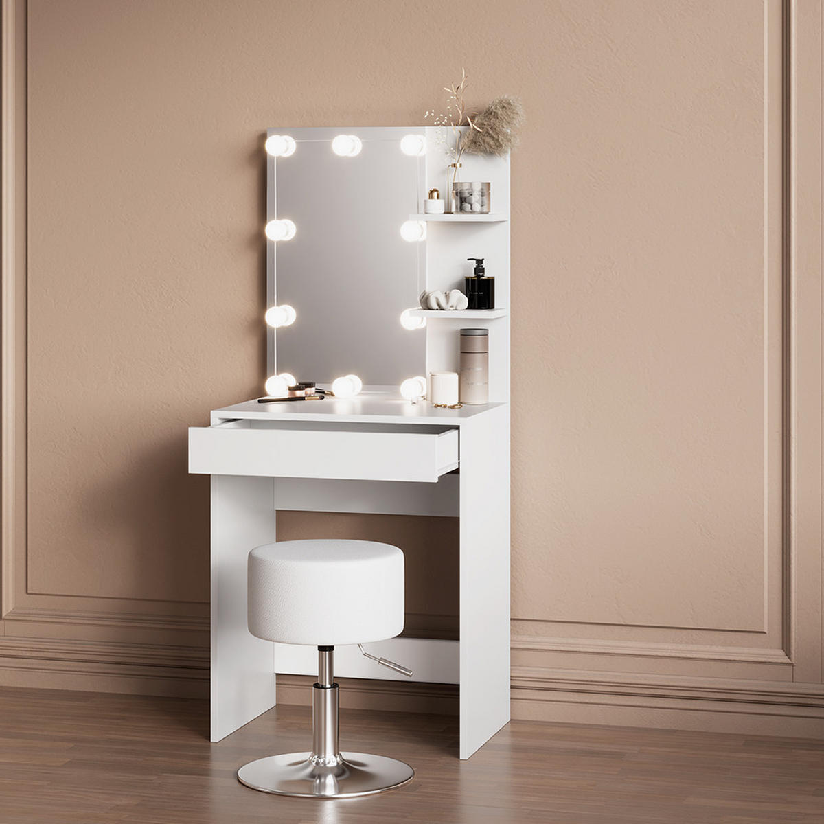 SCHMINKTISCH Nola Weiß 60 cm mit LED Beleuchtung - Weiß, Holzwerkstoff (60/140/40cm) - Livinity®