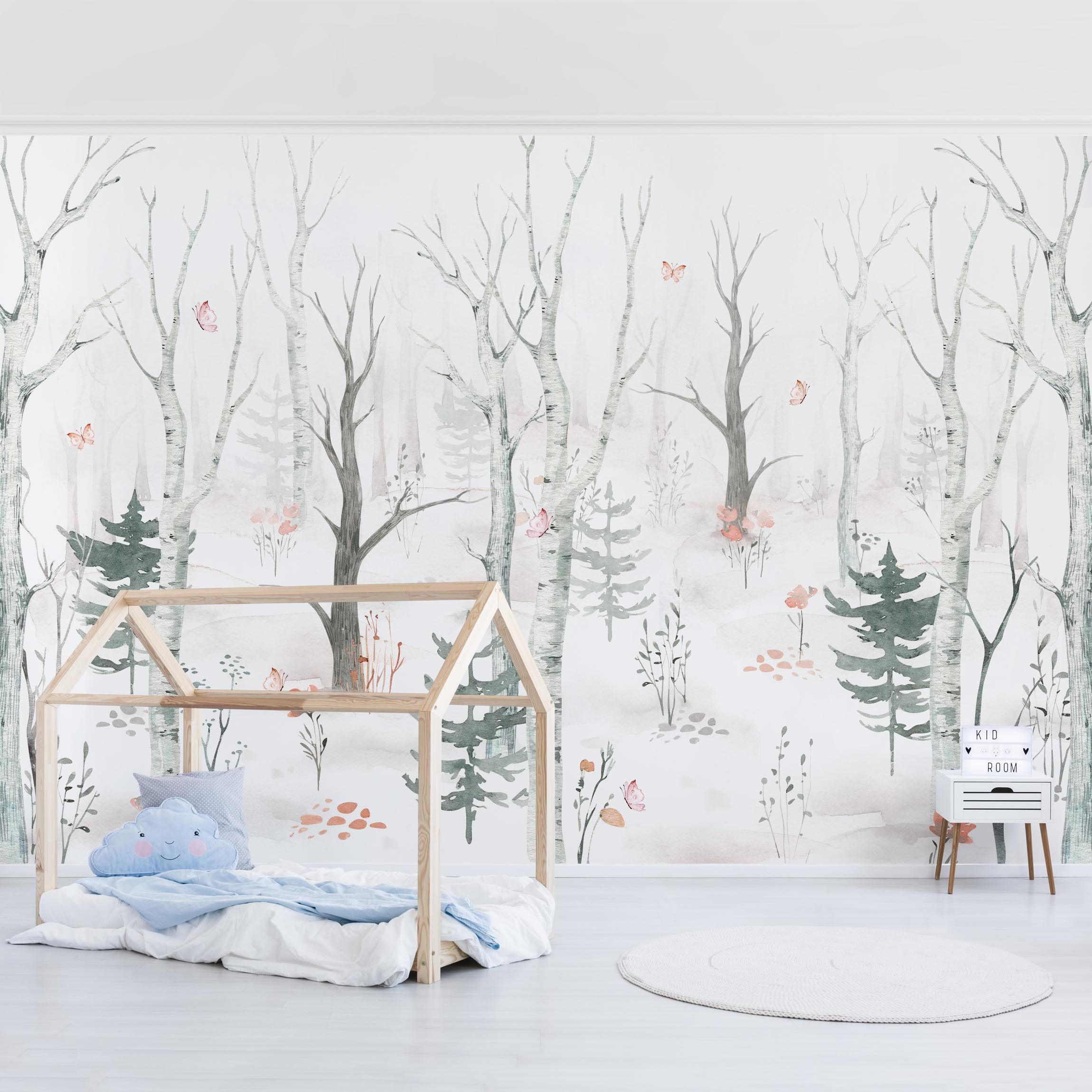 FOTOTAPETE Birkenwald mit Mohnblumen 336/225 cm - Eichefarben, Papier (336/225cm) - Bilderwelten