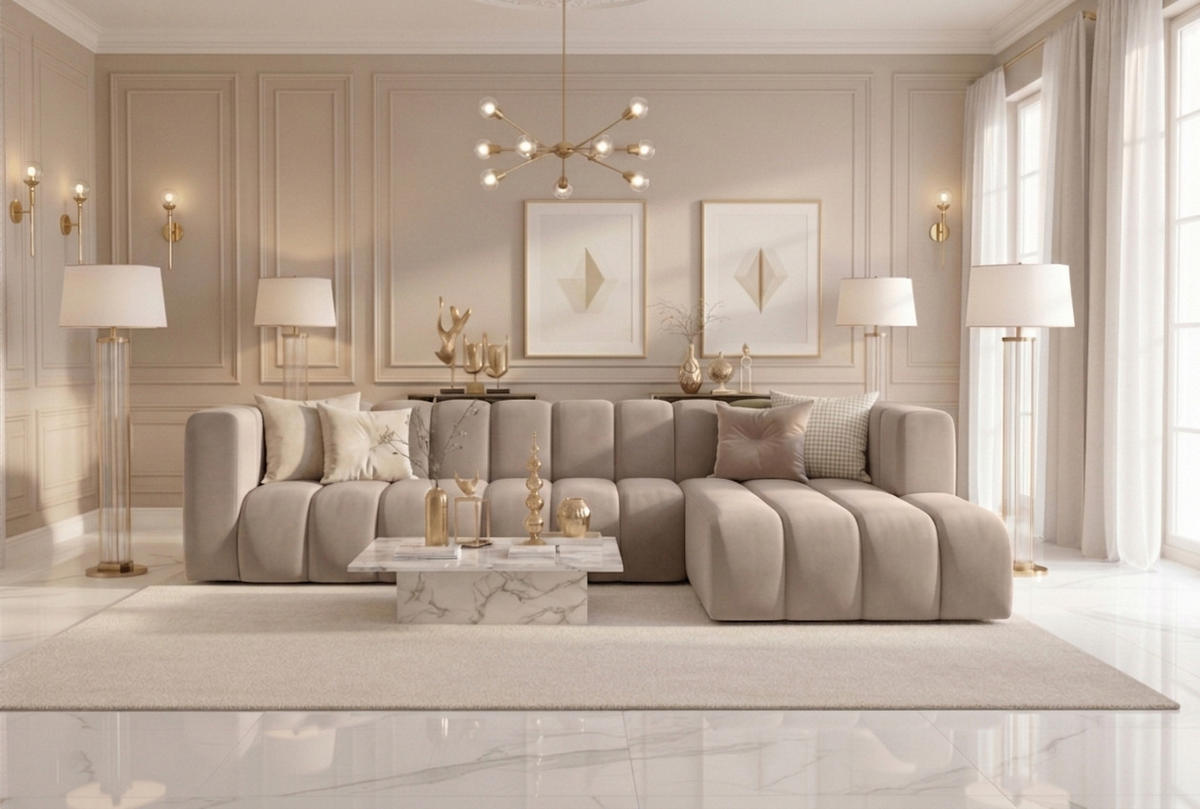 ECKSOFA L-Form GRAND 318 cm, Stoff Salvador, Beige, Rechts - Beige, Holz (318/179cm) - Kaiser Möbel