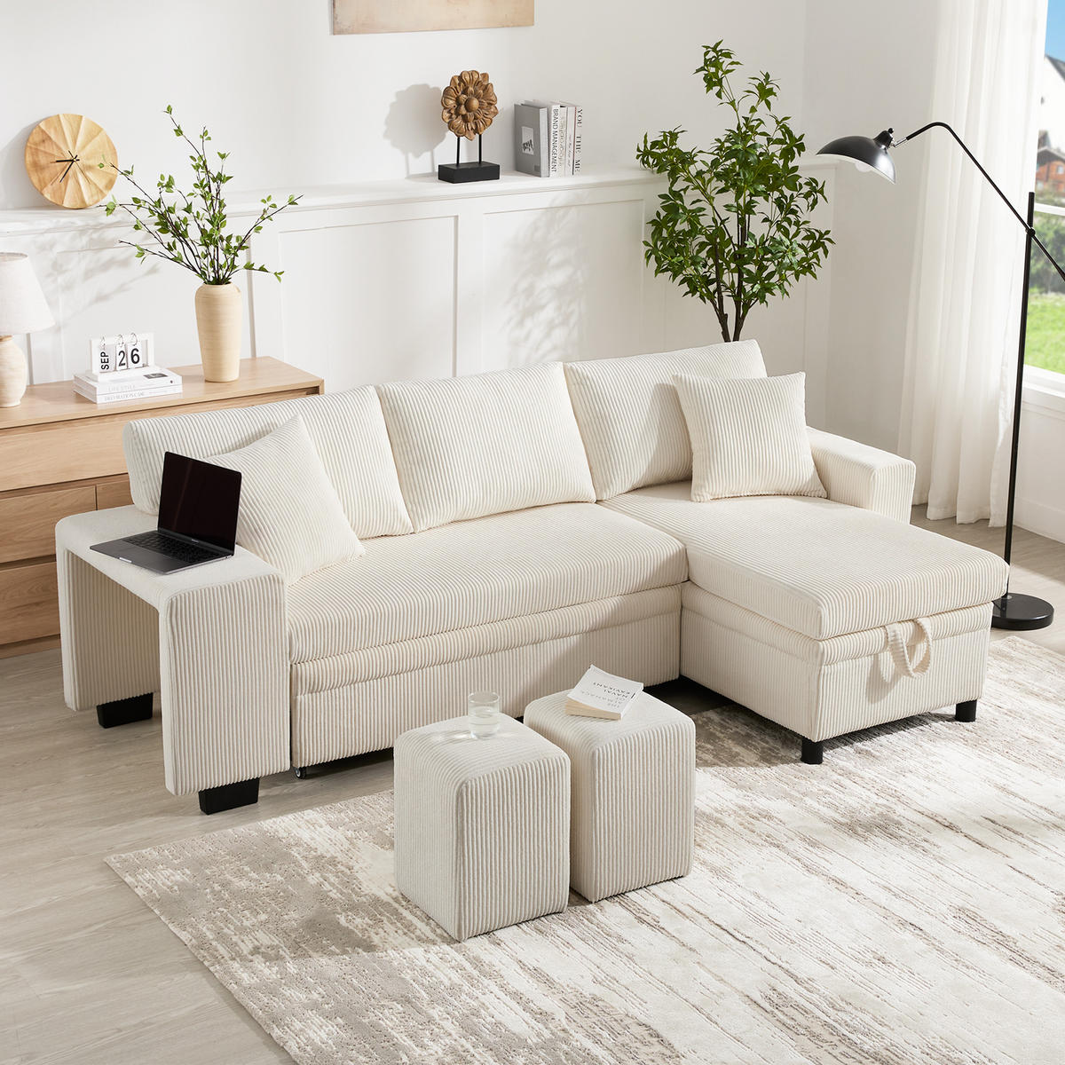 SOFA L-Form Klappsofa Schlaffunktion USB Stauraum Umbau Sofa 3-Sitzer - Beige, Holz (73/53.98cm) - FLIEKS