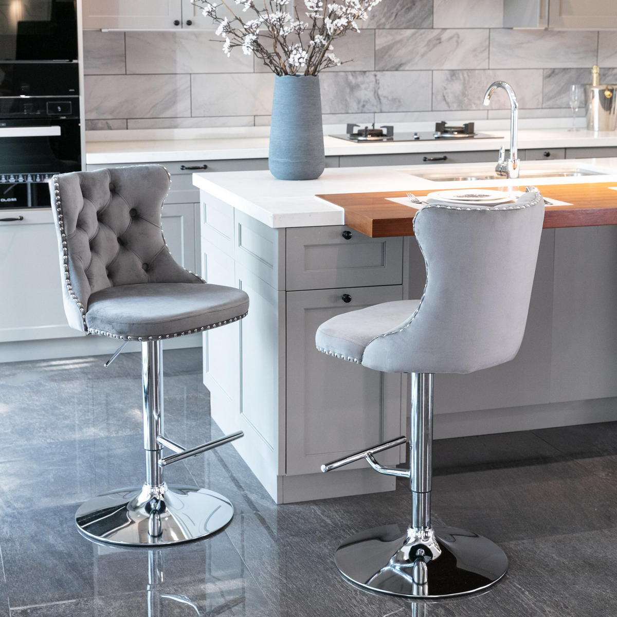 BARHOCKER 2er-Set Grau Samt mit Rückenlehne Höhenverstellbar & Drehbar - Grau, Textil (46/115/46cm) - PANGIVO
