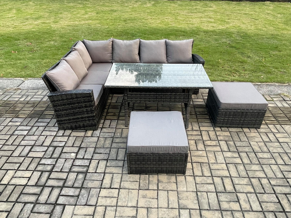 LOUNGEMÖBEL-SETS mit Esstisch Sofa Polyrattan Dunkelgrau 8-Sitzer - Dunkelgrau/Grau, Glas/Kunststoff - Fimous