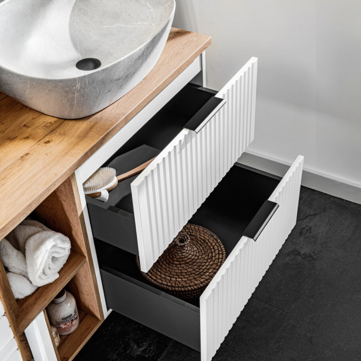 Thumbnail - Badmöbel-Set, Weiß, Eiche Wotan, Metall, 2 Schubladen, 80x140x46 cm, Badezimmer, Badmöbelsets & Badmöbelserien, Badmöbel...