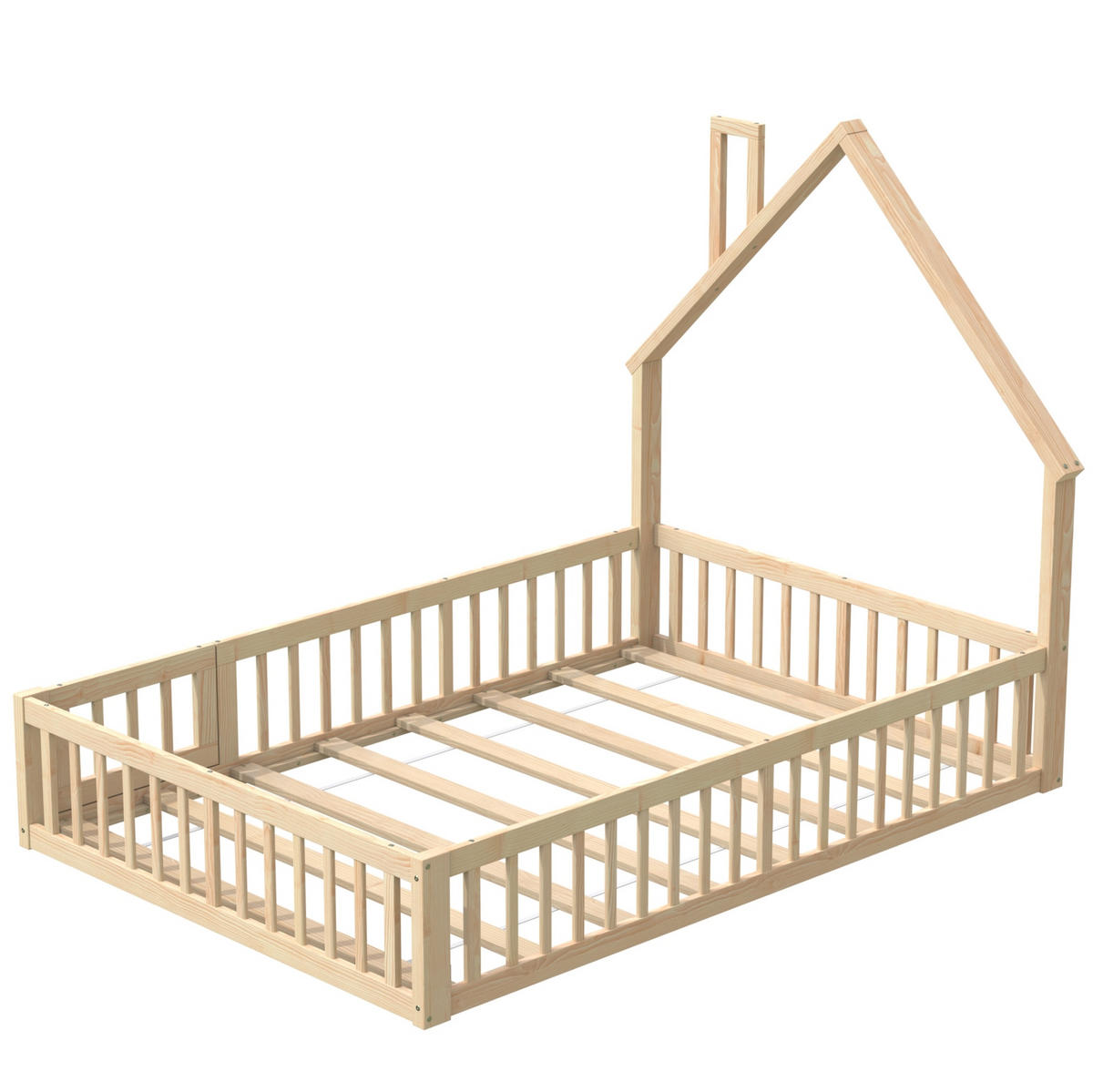 HAUSBETT 140/200 cm aus Kiefernholz – mit Dachaufbau und Sicherheitsgitter - Naturfarben, Holzwerkstoff (140/200cm) - BEAOK