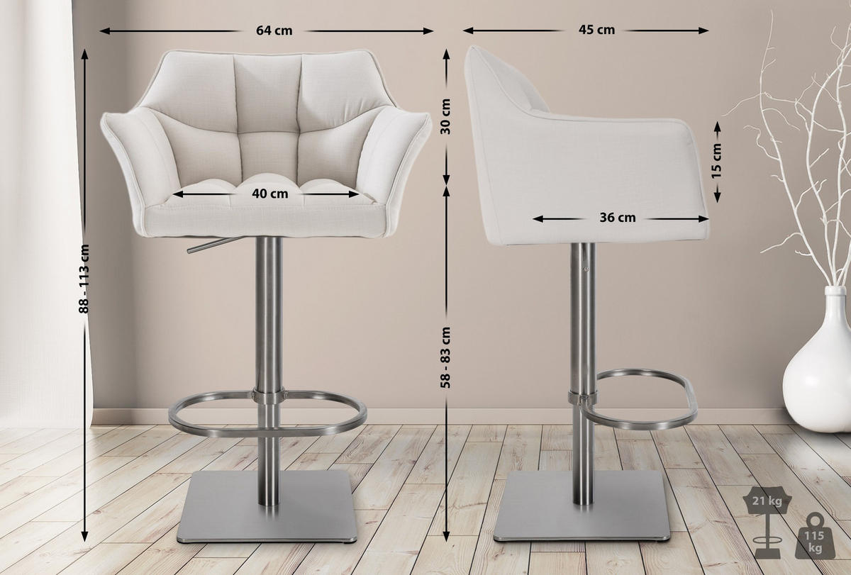 BARHOCKER 2er Set Stoff Weiß - Edelstahlfarben/Weiß, Textil/Metall (64/88/45cm) - CLP