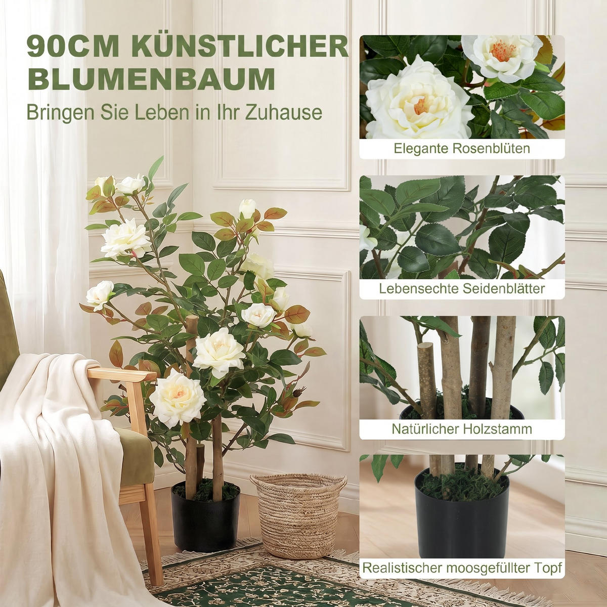 KÜNSTLICHER-ROSENBAUM Seidenstoff PE Weiß - Weiß, Holz/Textil (90cm) - HOMCOM