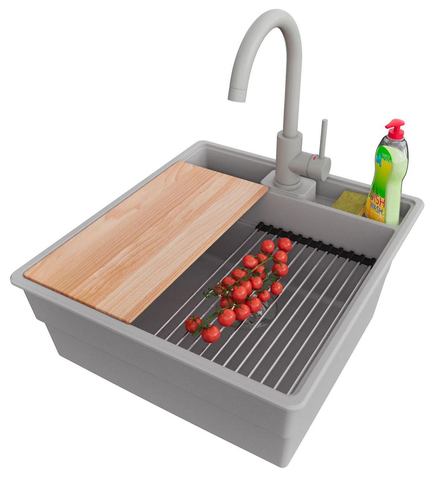 GRANITSPÜLE New York, 2-er set Grau 48/53 cm 1 Becken + Küchenarmatur 32/20 cm + Ablauf-Set + Küchenzubehörset ab 50er Unterschrank - Chromfarben/Beige, Kunststoff (48/20/53cm) - Primagran