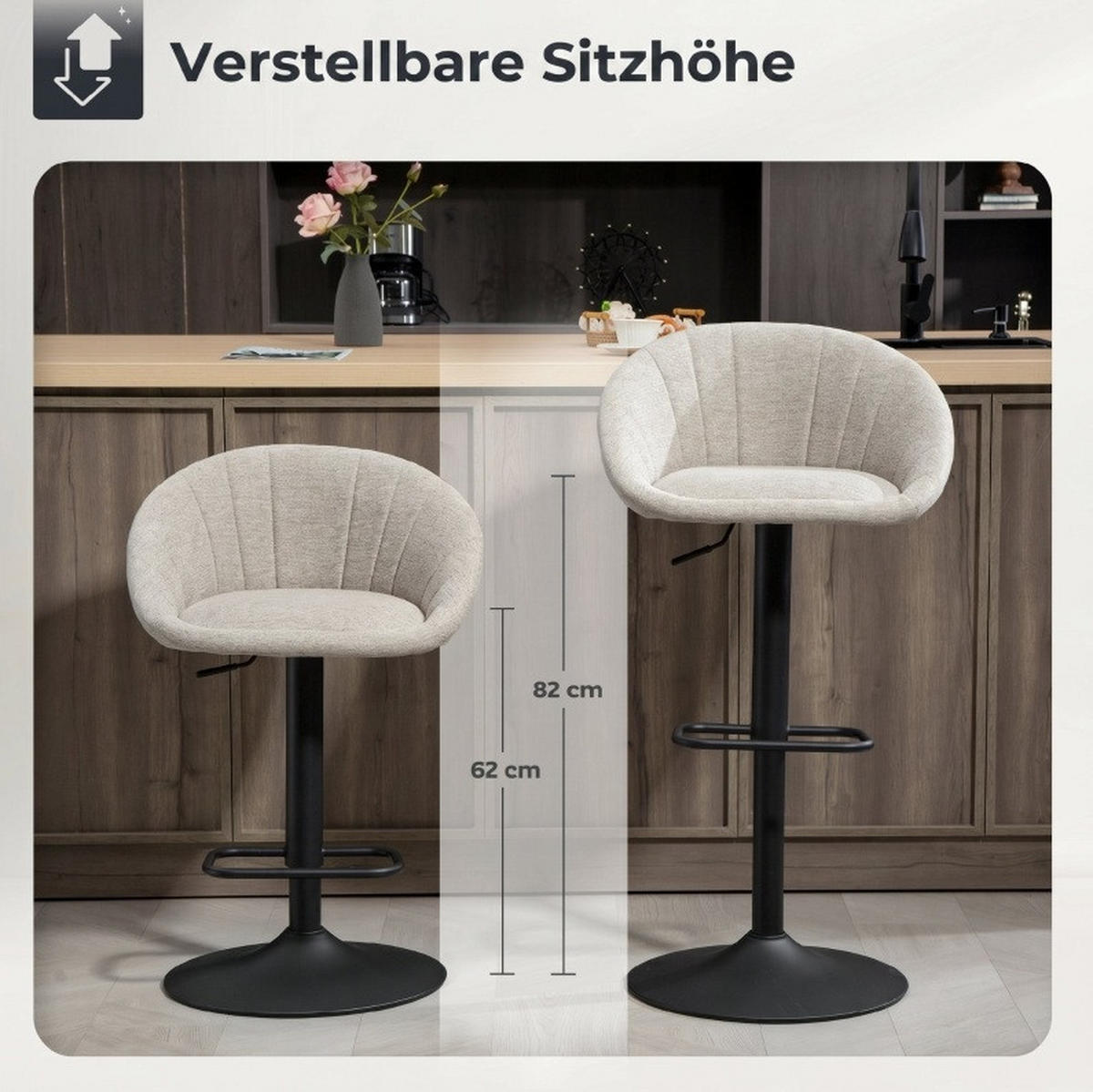BARHOCKER 2er-Set drehbar höhenverstellbar mit Armlehnen und Rückenlehne - Beige, Textil (46/103/53.5cm) - MIVRAY