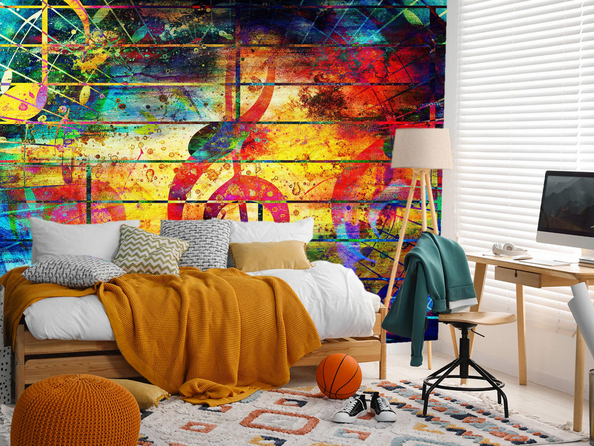 FOTOTAPETA Pre Študentskú Izbu Farebná Abstraktná HUDBA Graffiti NOTY 150 x 105 cm - oranžová/žltá, papier (150/105cm) - Muralo