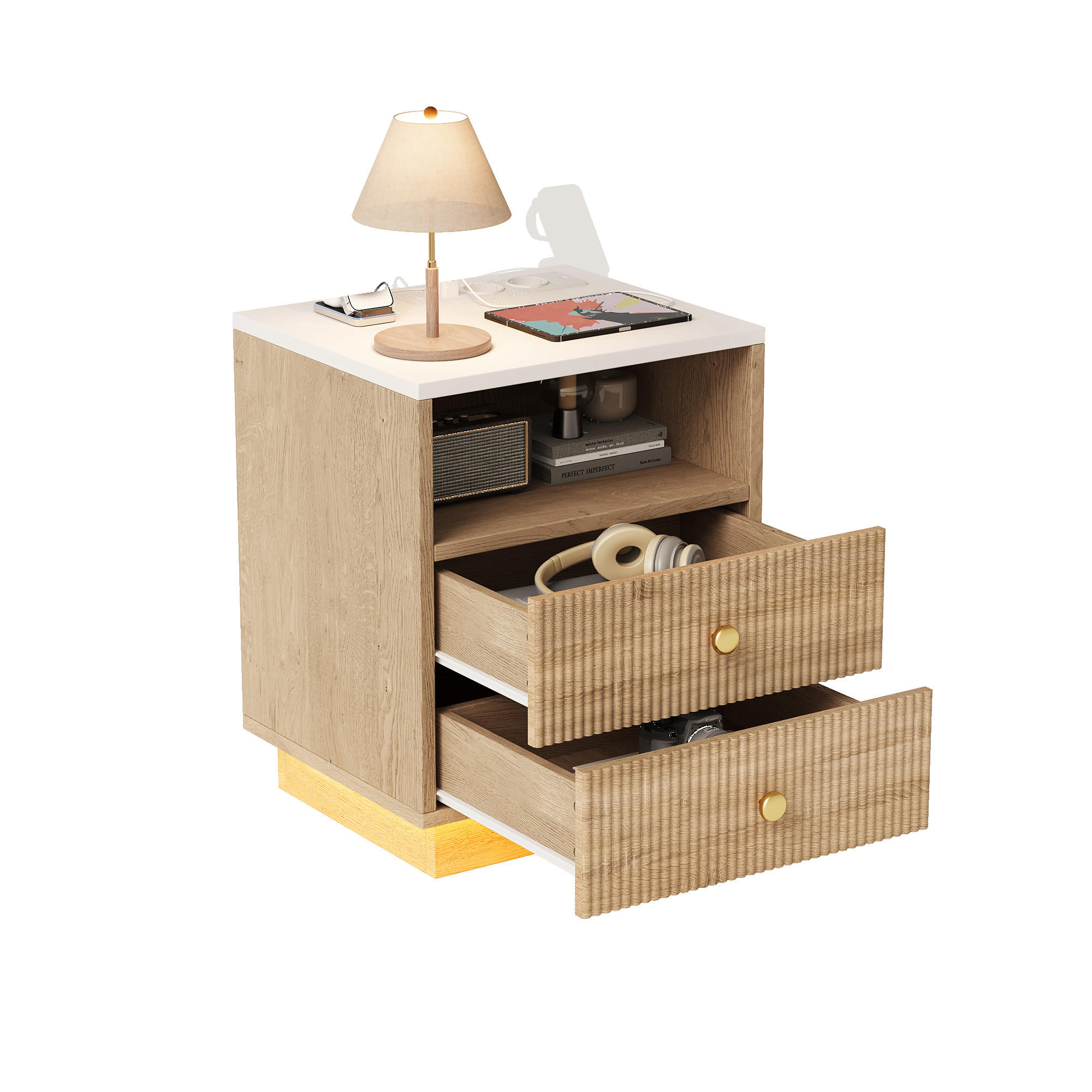 NACHTTISCH Eichenoptik mit LED-Licht & Ladefunktion (2er Set) - Eichefarben, Holzwerkstoff (38/55/44cm) - SHOPENTRA