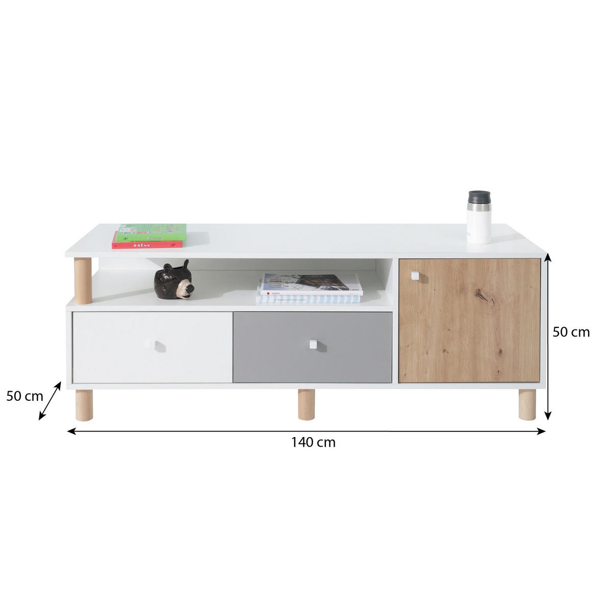 LOWBOARD Figo mit 1 Tür und 2 Schubladen - Weiß/Eiche Artisan, Holzwerkstoff (140/50/50cm) - Beautysofa