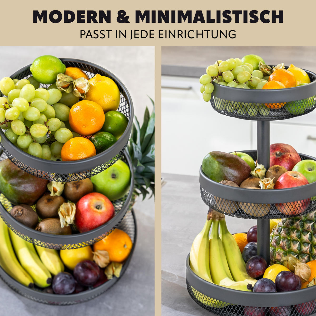 OBSTETAGERE 3-STÖCKIG rund Metall grau - Grau, Metall (42cm) - eluno