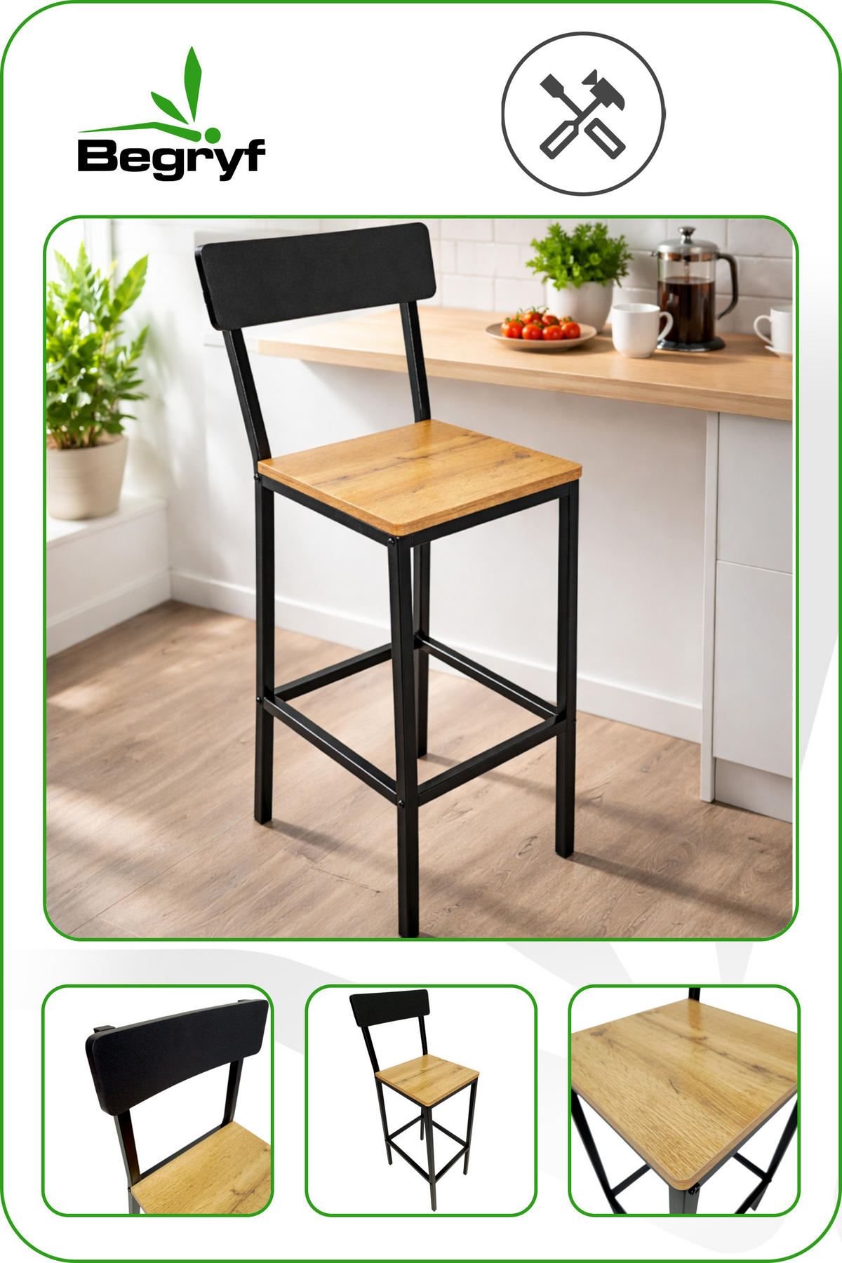 BARHOCKER Holzoptik Metall Eichefarben Schwarz mit Rückenlehne 90x30x40 cm - Eichefarben/Schwarz, Holzwerkstoff/Metall (30/90/40cm) - Begryf