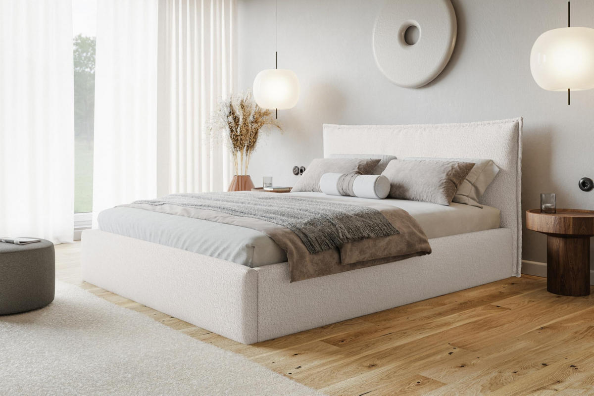 BETT 90x200 - Polsterbett mit Bettkasten und Metallrahmen - Modern Betten - Kuscheliger Catch-Me-Stoff - Kollektion Verona - Weiß - Weiß, Holz/Textil (90/200cm) - Alpi-Möbel