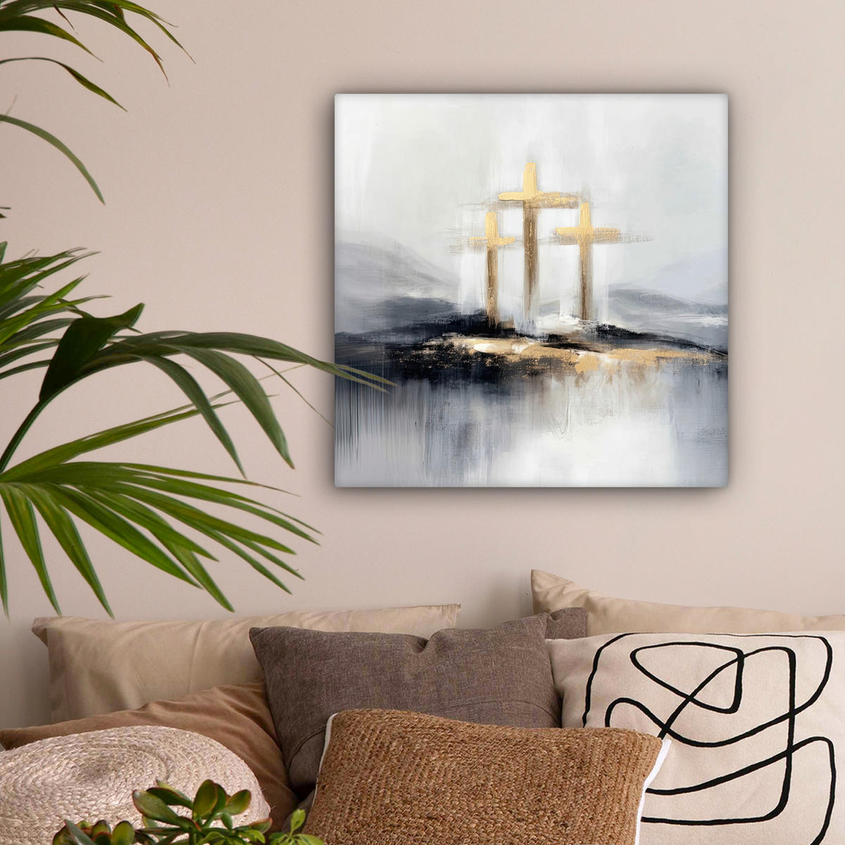 LEINWANDBILD Abstrakt - Malerei - Christentum - Kreuz Wandbild Wohnzimmer 50x50 cm - Weiß, Textil (50/50cm) - MuchoWow