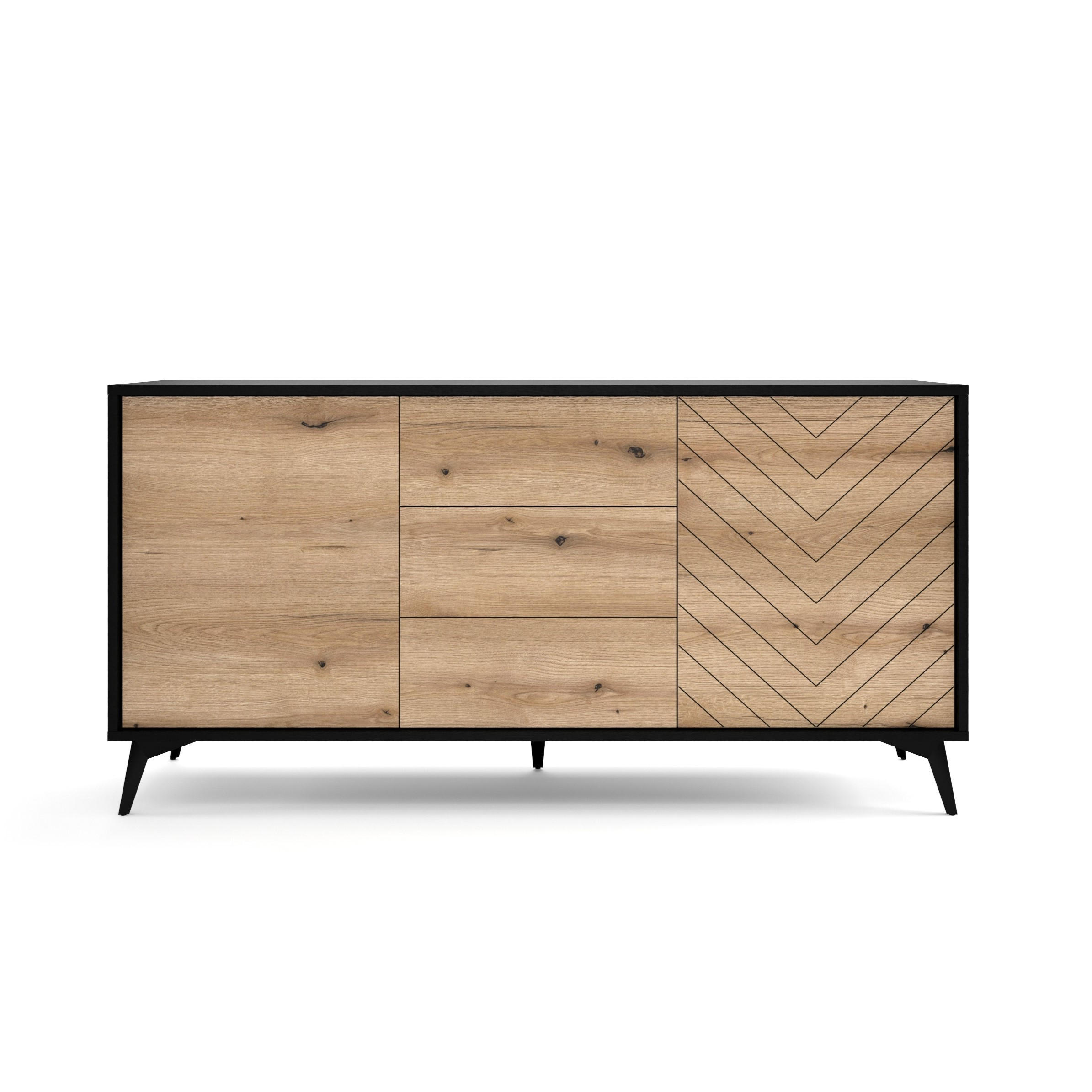 SIDEBOARD DIAMANTE 154/77/39 cm mit 3 Schubladen 2 Türen Schwarz - Schwarz/Eiche Artisan, Holzwerkstoff (154/77/39cm) - MASSENO