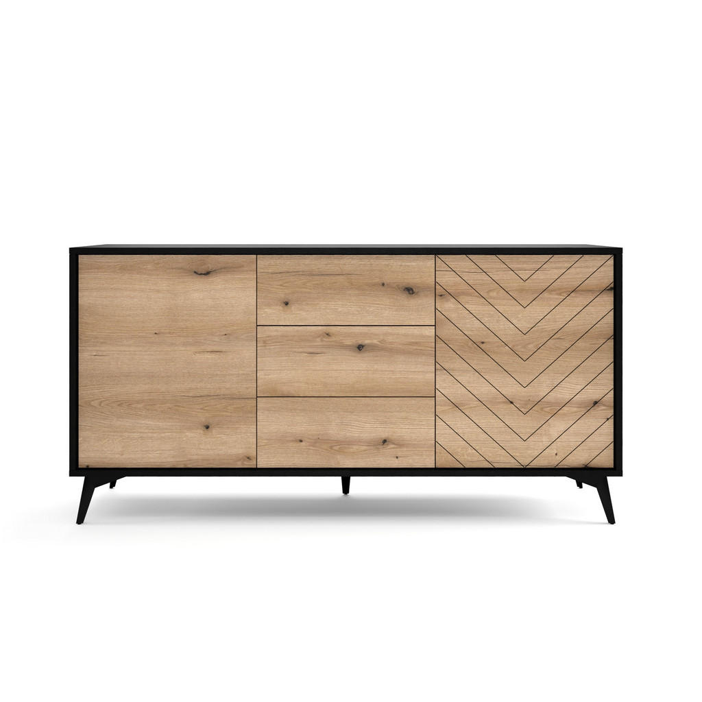 Thumbnail - Masseno Sideboard, Eiche Artisan, Schwarz, Holzwerkstoff, 3 Schubladen, 154x77x39 cm, Wohnzimmer, Kommoden & Sideboards,...