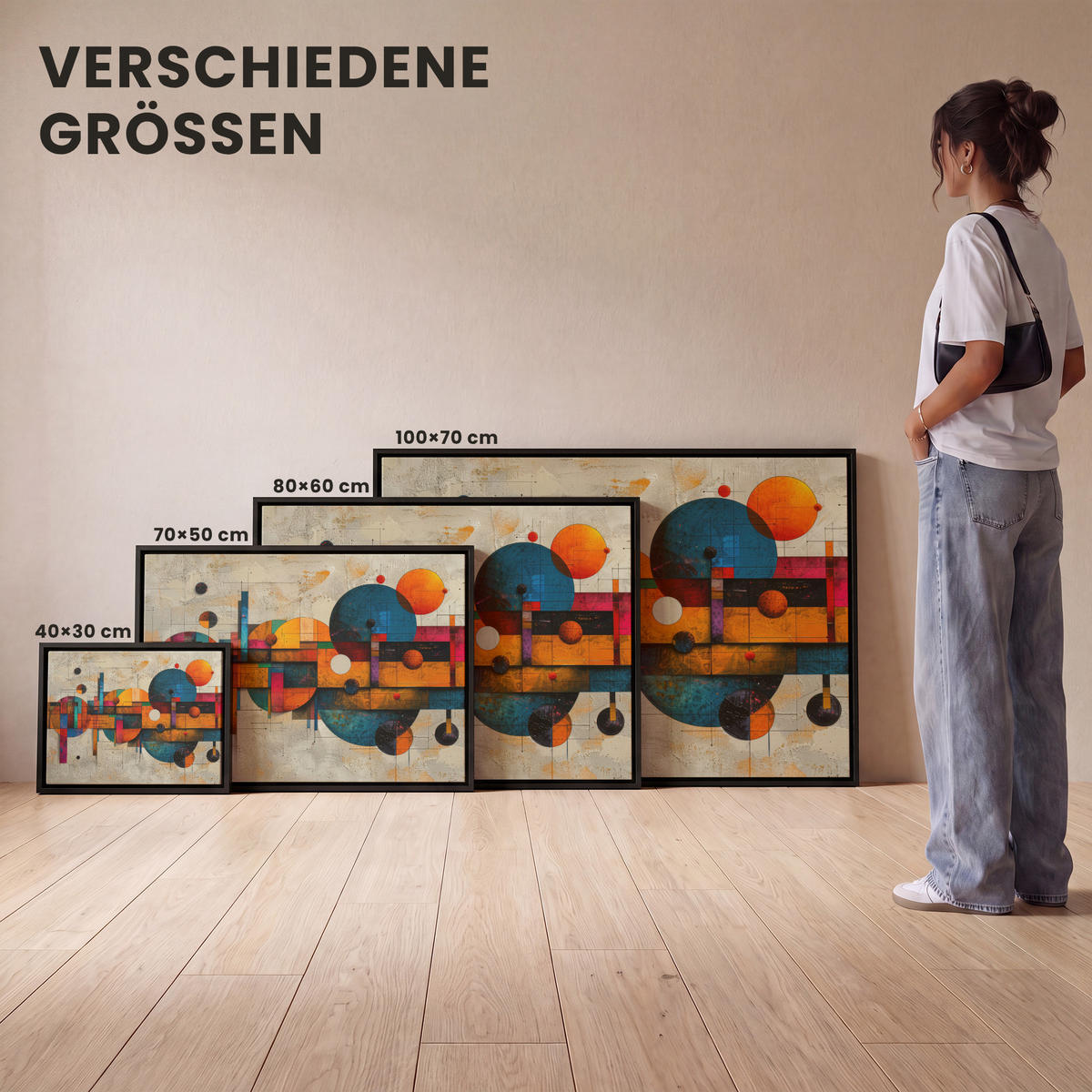 LEINWAND Bilder mit Rahmen - Vintage - Moderne Kunst - Orange - Geometrische Formen - 100x70 - Multicolor, Textil (100/70cm) - MuchoWow