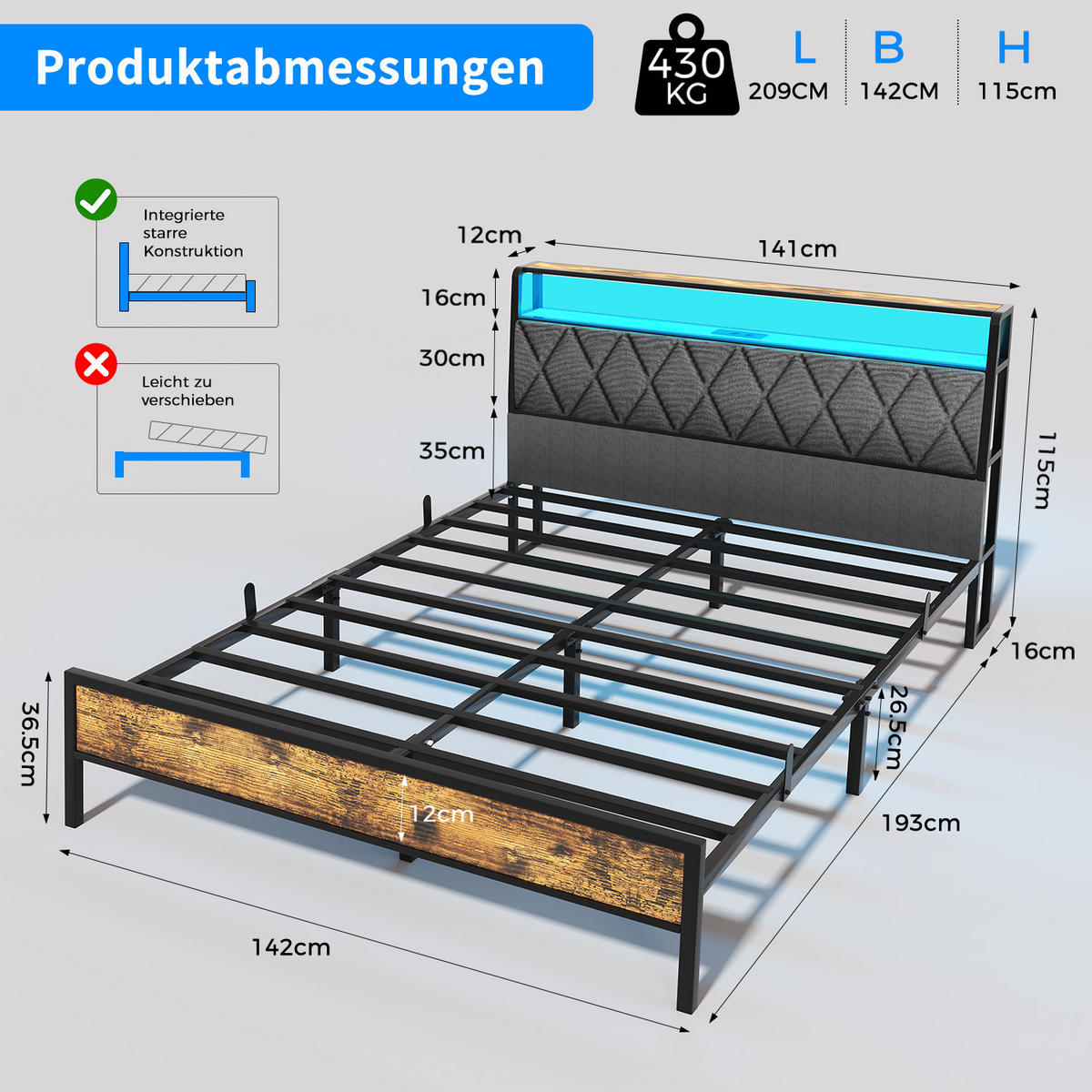 BETT 140 x 190 cm mit Metall Lattenrost,Bettgestell,Stauraum unter dem Bett,Doppelbett mit LED-Beleuchtung,mit 2 AC-Steckdosen und USB,Schwarz - Schwarz, Metall