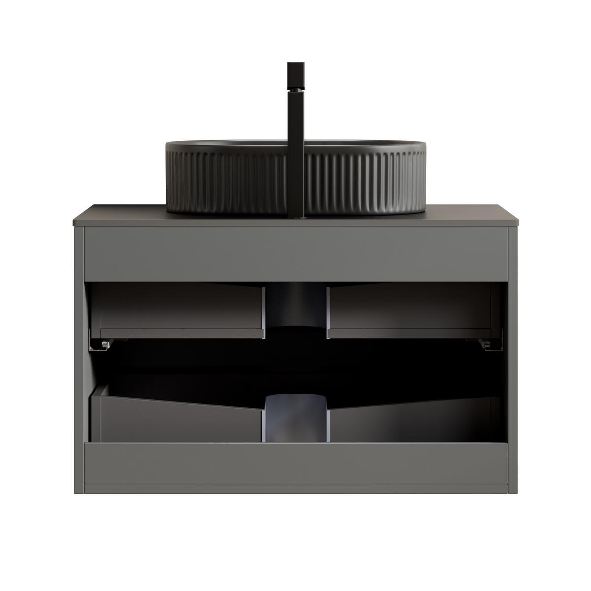 WASCHTISCHUNTERSCHRANK 80x46x62.2cm Schwarz/Dunkelgrau mit ovalem Keramikbecken & 2 Schubladen - Dunkelgrau, Keramik (80/62.2/46cm) - Modfu