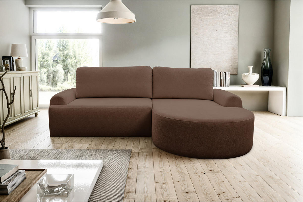 ECKSOFA Dream in L-Form mit Schlaffunktion und Bettkasten, Farbe: Dunkelbraun, Bouclé-Stoff, Ottomane Rechts - Dunkelbraun, Textil (260/136cm) - VENASI MÖBEL