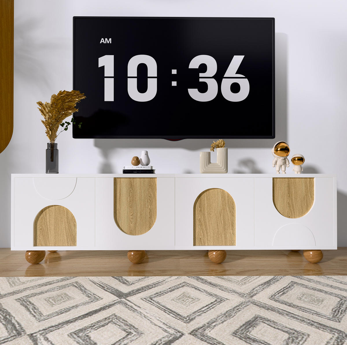 TV ormarić 175/38/50 cm natur i bijeli od MDF-a i PB-a s 4 vrata i prostorom za odlaganje - svijetlo smeđa, drvni materijal (175/50/38cm) - OKWISH
