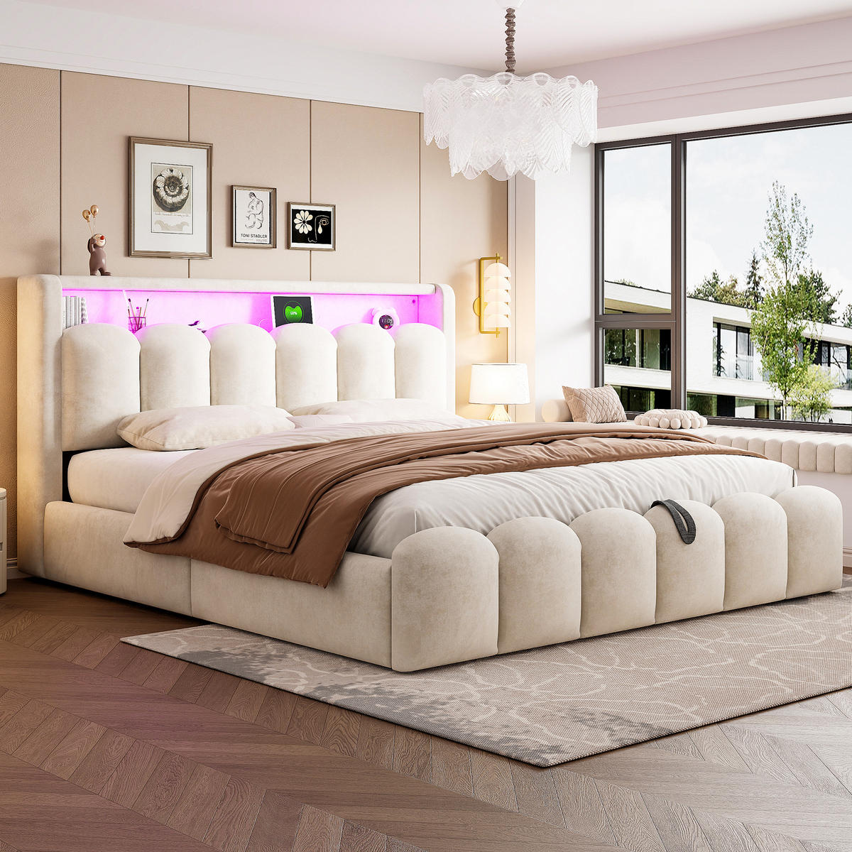 POLSTERBETT 180x200 Beige Samt LED Stauraum - Beige, Textil (180/200cm) - FLIEKS