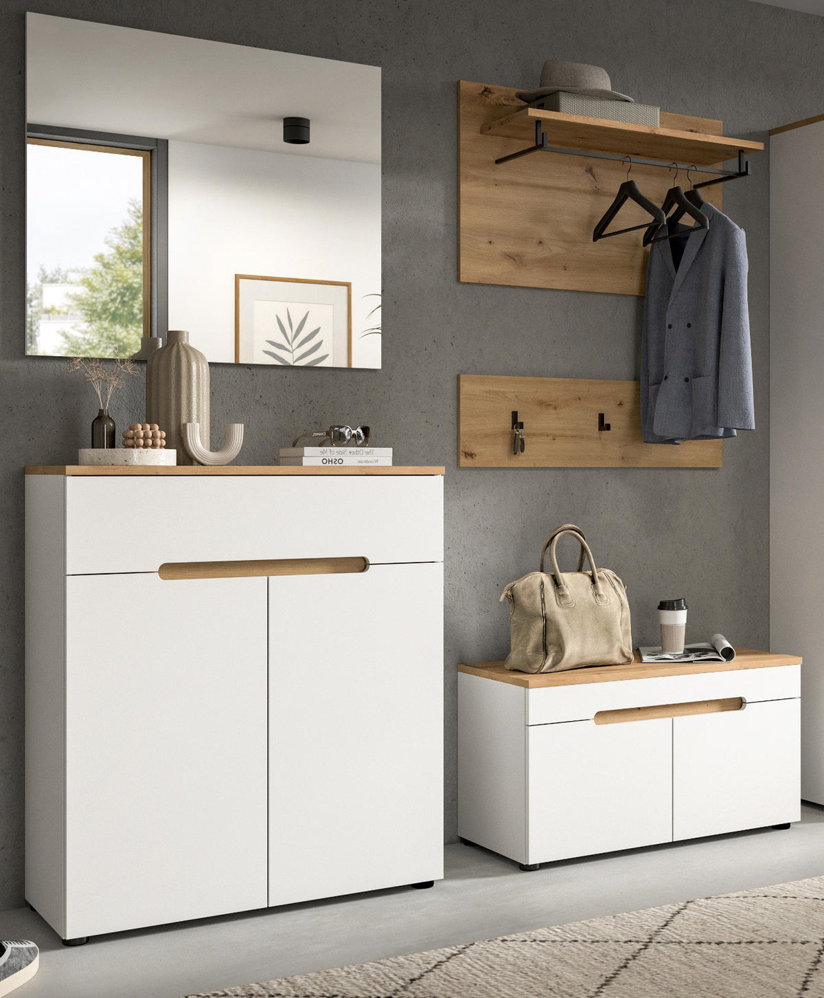 GARDEROBEN-SET weiß, Eiche Artisan 5-teilig 175 cm, Komplett-Set mit Soft-Close - Weiß, Glas/Holzwerkstoff (175/190/37cm) - Inn.Furn