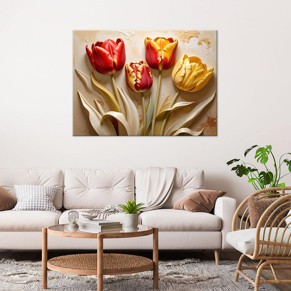 LEINWANDBILDER, Rote und gelbe 3D-Tulpen - Multicolor, Textil (90/60cm) - Feeby