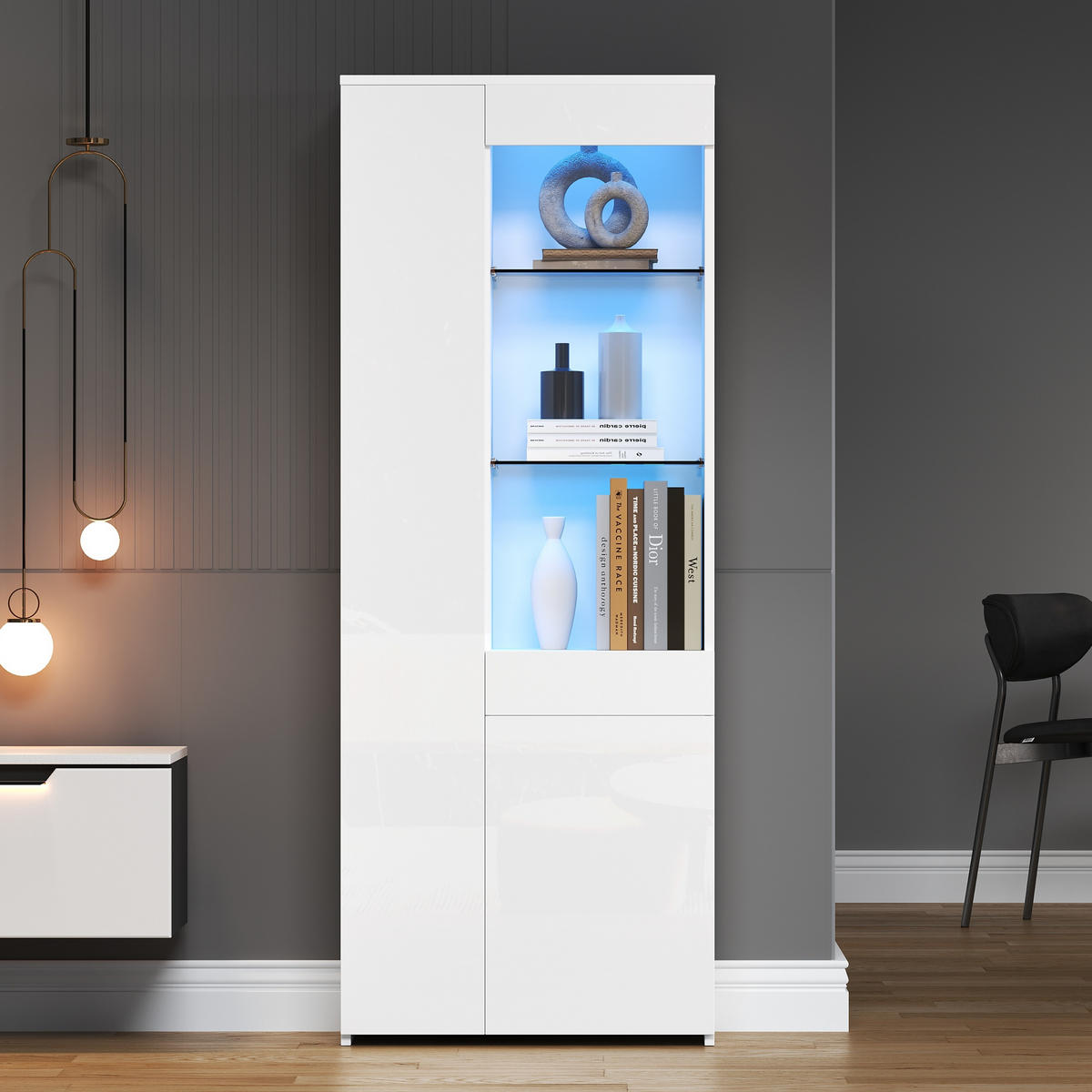 BUFFET 70/35/180 cm Vitrine mit Glasfächern & LED App-Steuerung, Hochglanz, Spanplatte, moderner Stauraum - Weiß, Holzwerkstoff (70/180/35cm) - EVRYAE