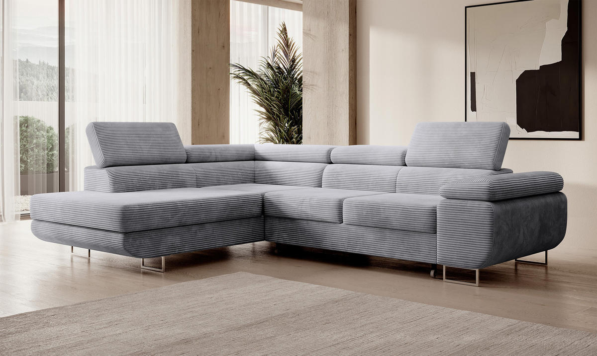 ECKSOFA Stevil Hellgrau Cordbezug - Silberfarben/Hellgrau, Textil/Metall (275/203cm) - Selsey